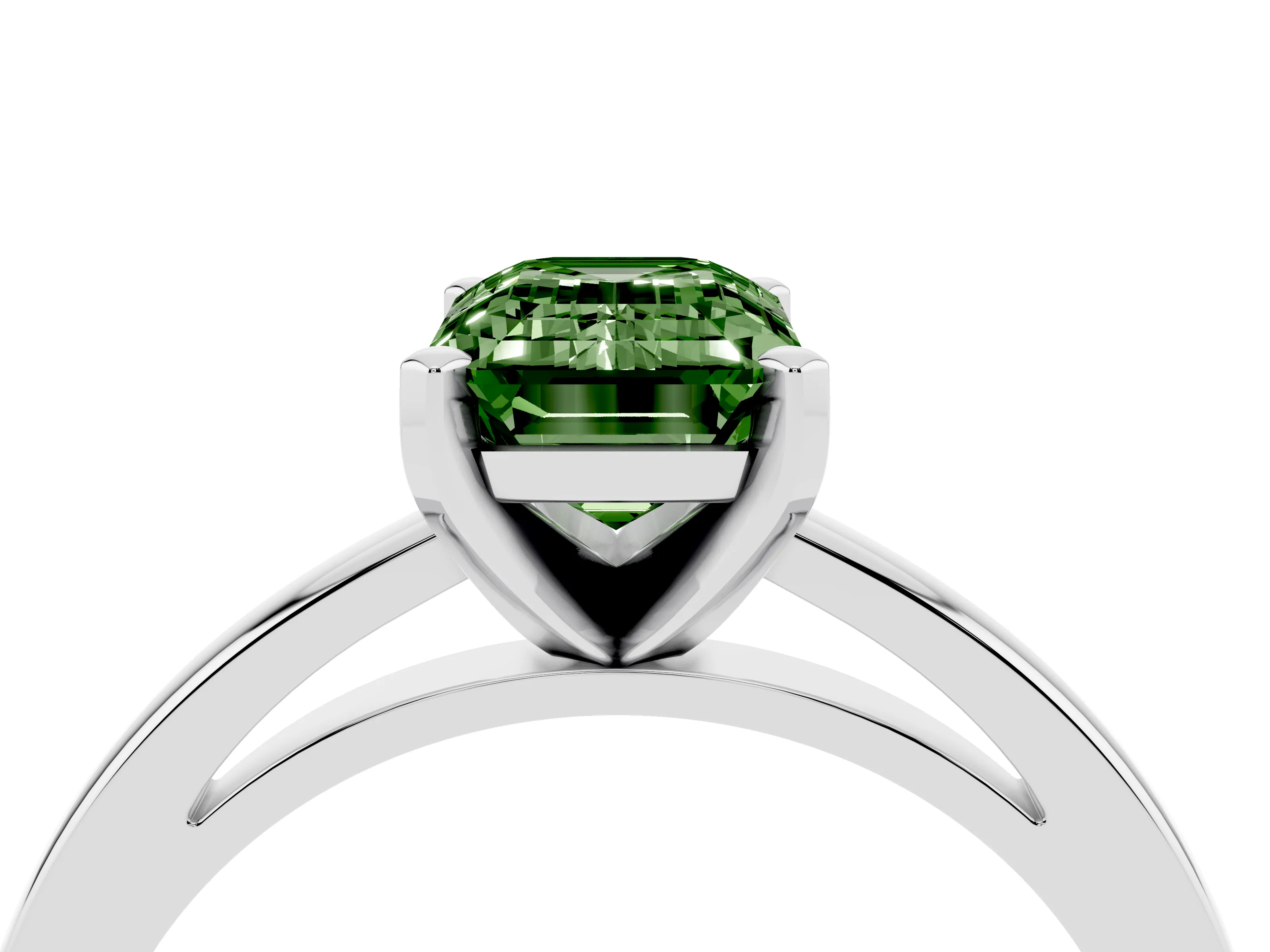 Fancy Green Emerald Cut Diamond Solitaire Engagement Ring Set in Platinum with Prong Setting on a Classic Band