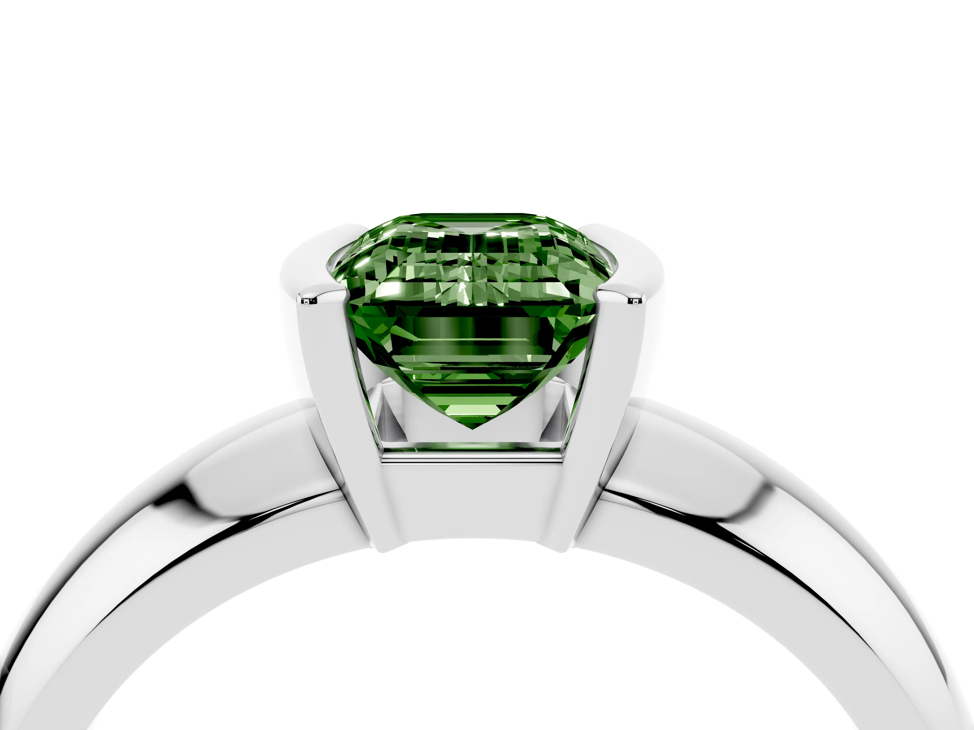 Fancy Green Emerald Cut Diamond Solitaire Tension Set Ring Set in White gold with Wide Band