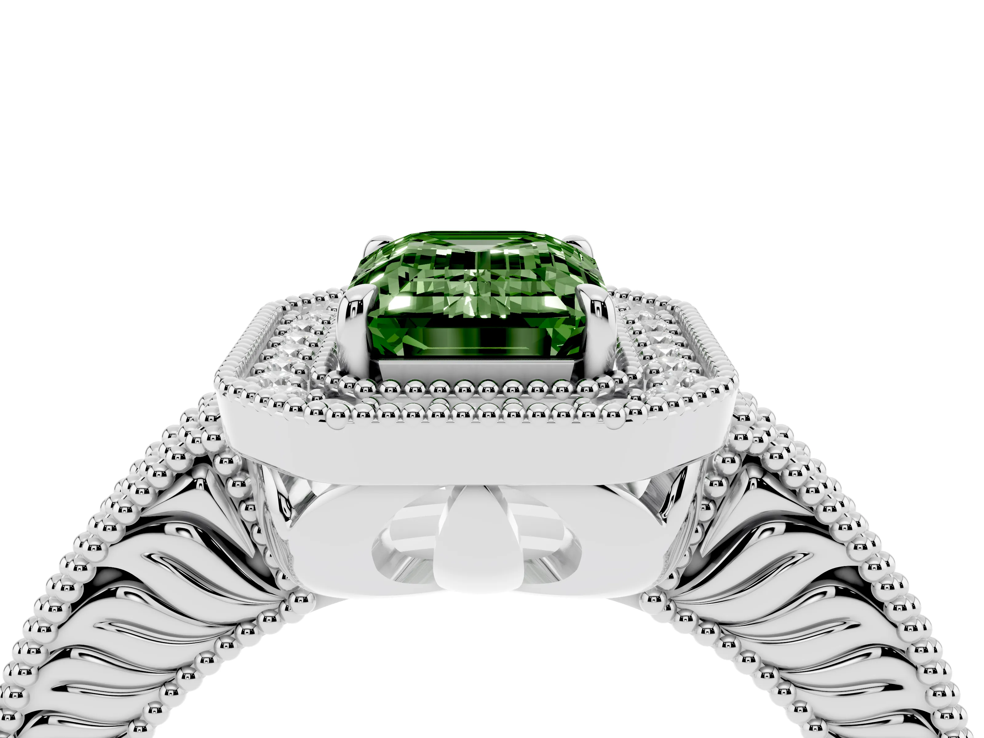 Fancy Green Emerald Cut Diamond Halo Ring Set in Silver with Round Accent Halo, Pavé Band and Prong Setting