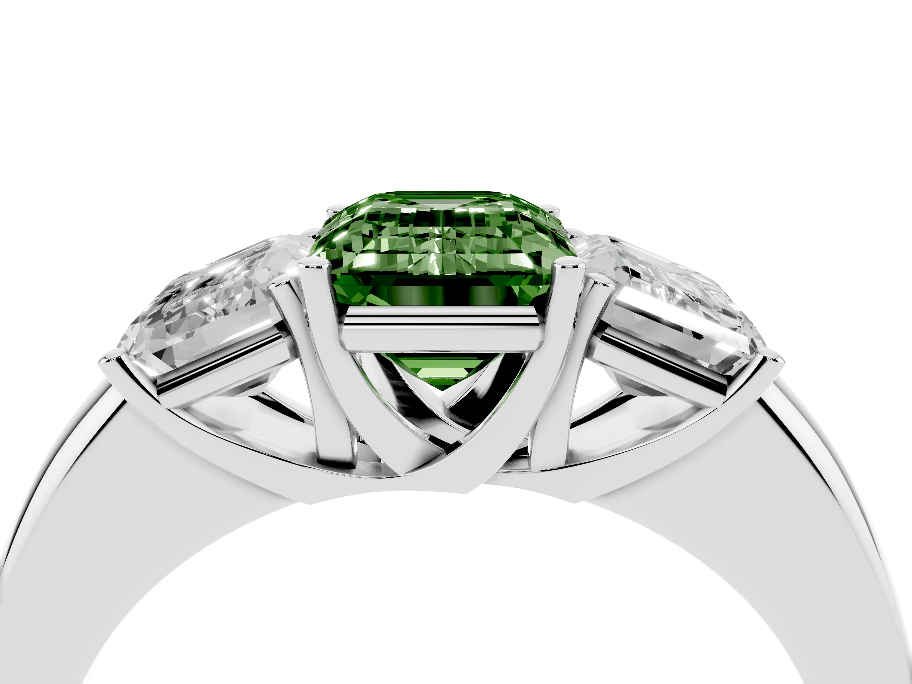 Fancy Green Emerald Cut Diamond Three-Stone Ring Set in Platinum with Bold Center and Classic Band