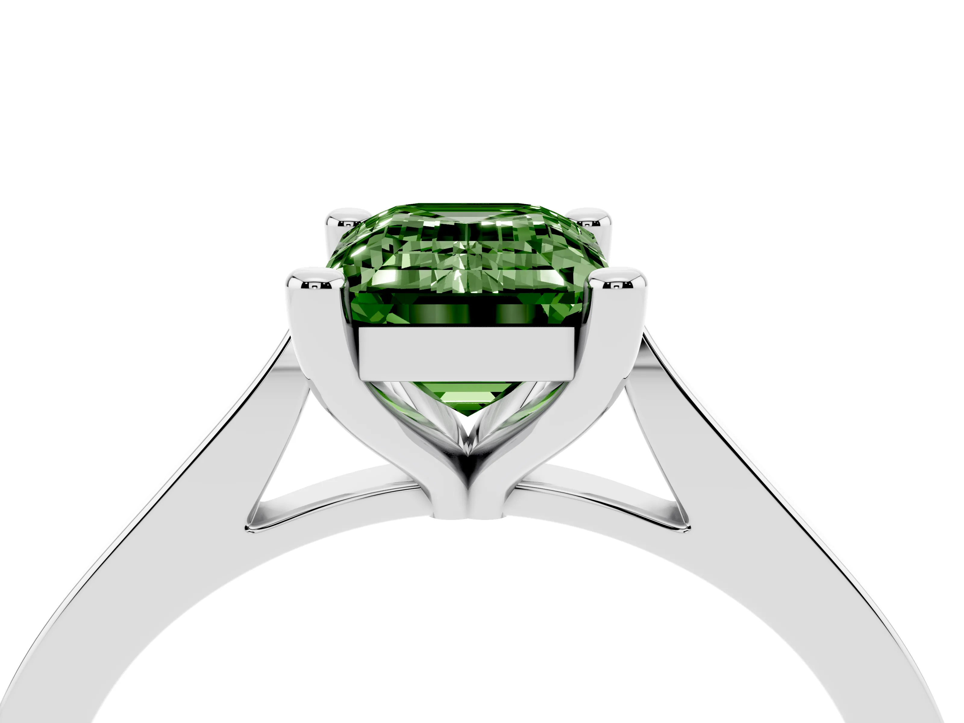 Fancy Green Emerald Cut Diamond Solitaire Ring Set in Silver with Prong Setting and Tapered Band