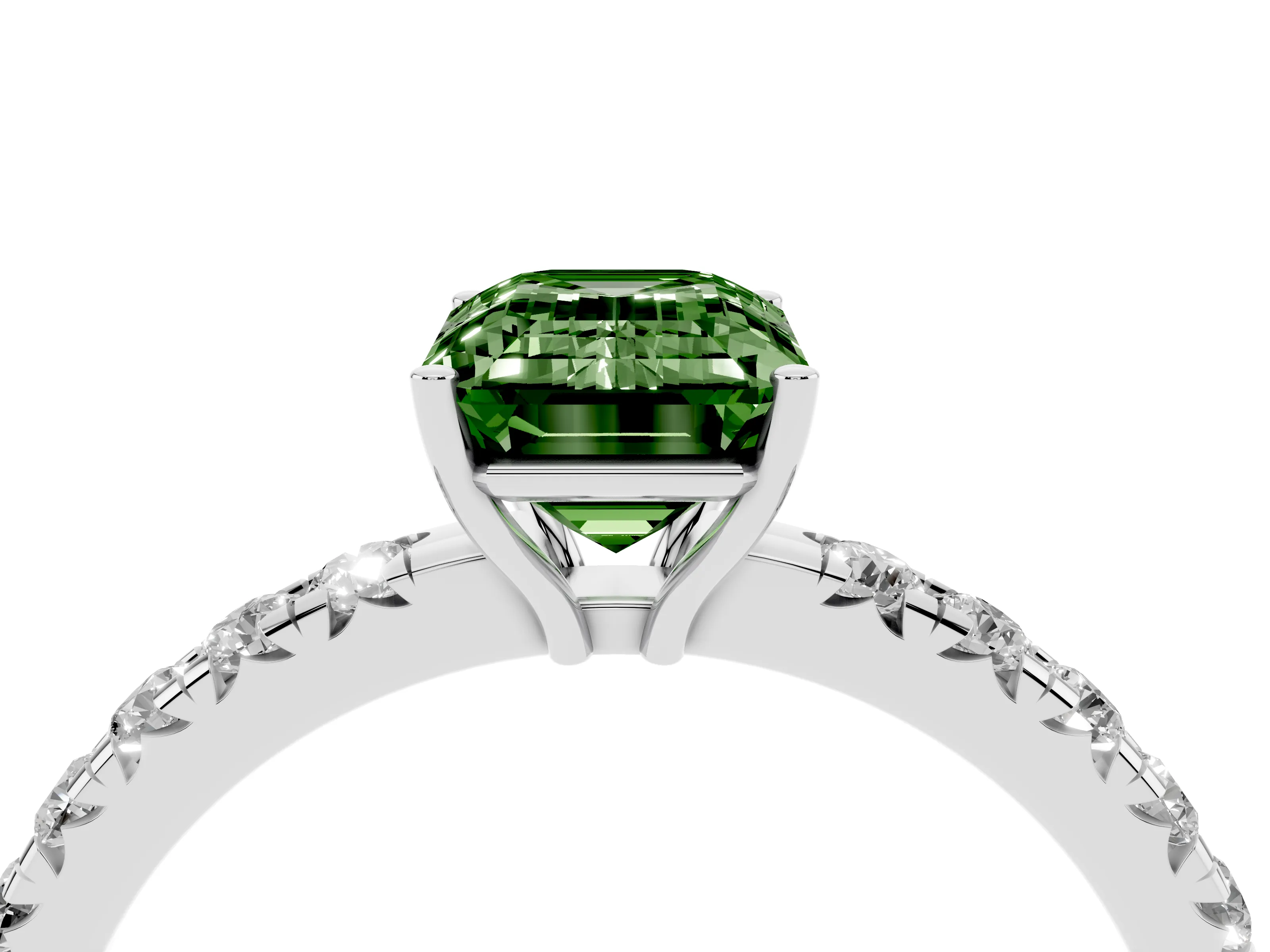 Fancy Green Emerald Cut Diamond Pavé Solitaire Engagement Ring Set in Platinum with Prong Setting