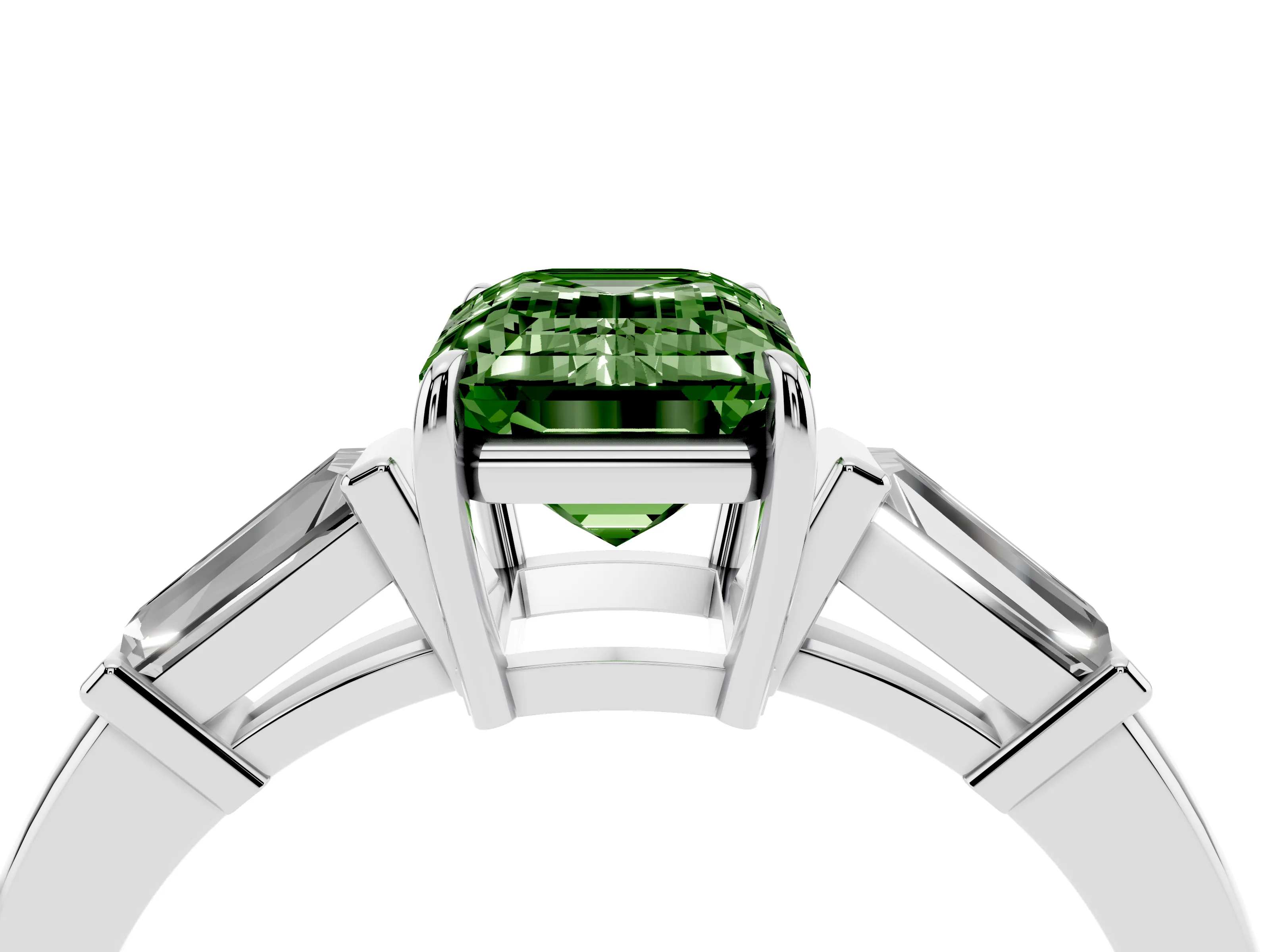 Fancy Green Emerald Cut Diamond Three-Stone Ring Set in Platinum with Tapered Baguette Side Stones and Prong Setting