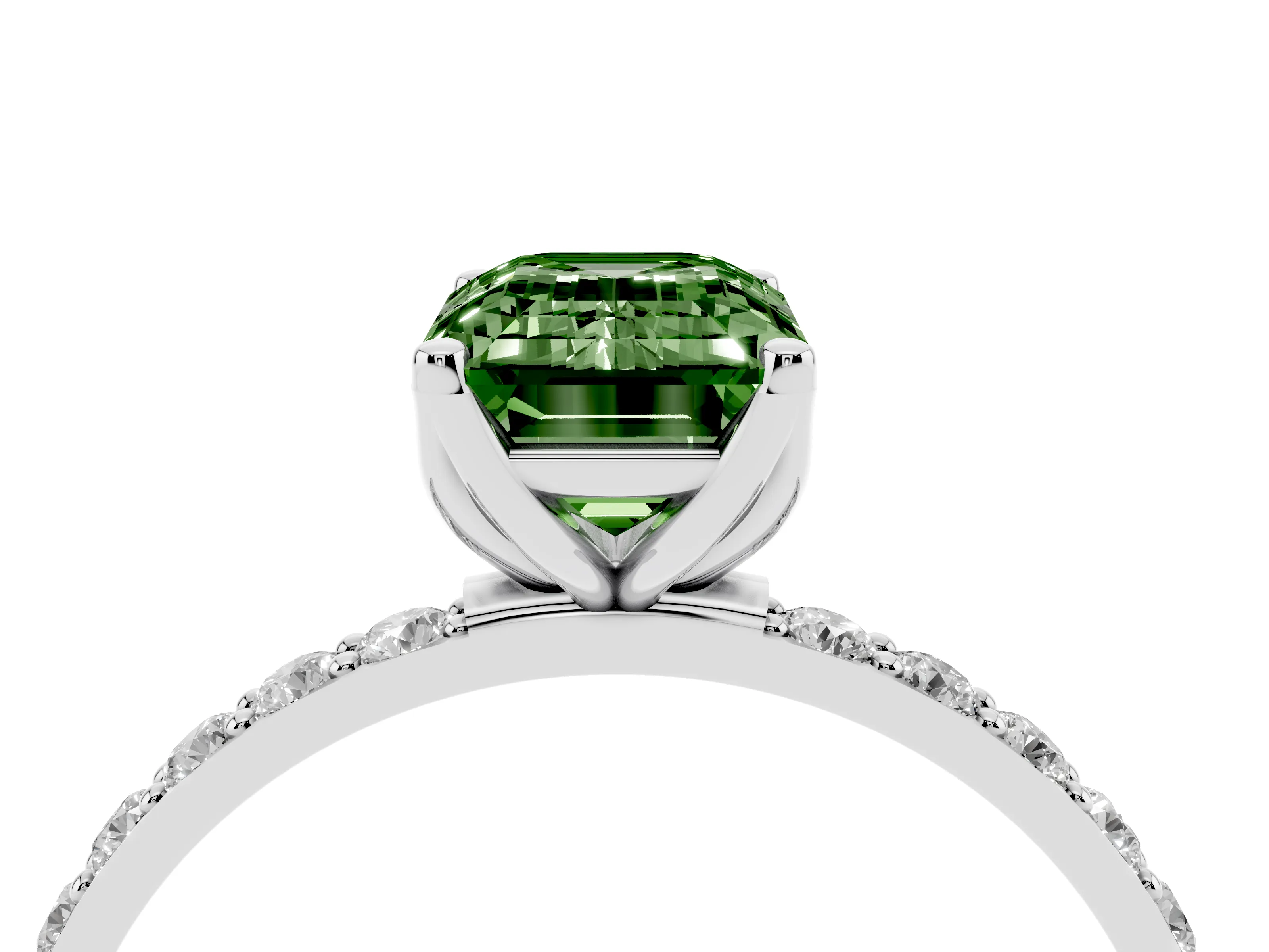 Fancy Green Emerald Cut Diamond Solitaire Engagement Ring Set in Platinum with Round Pavé Band and Prong Setting