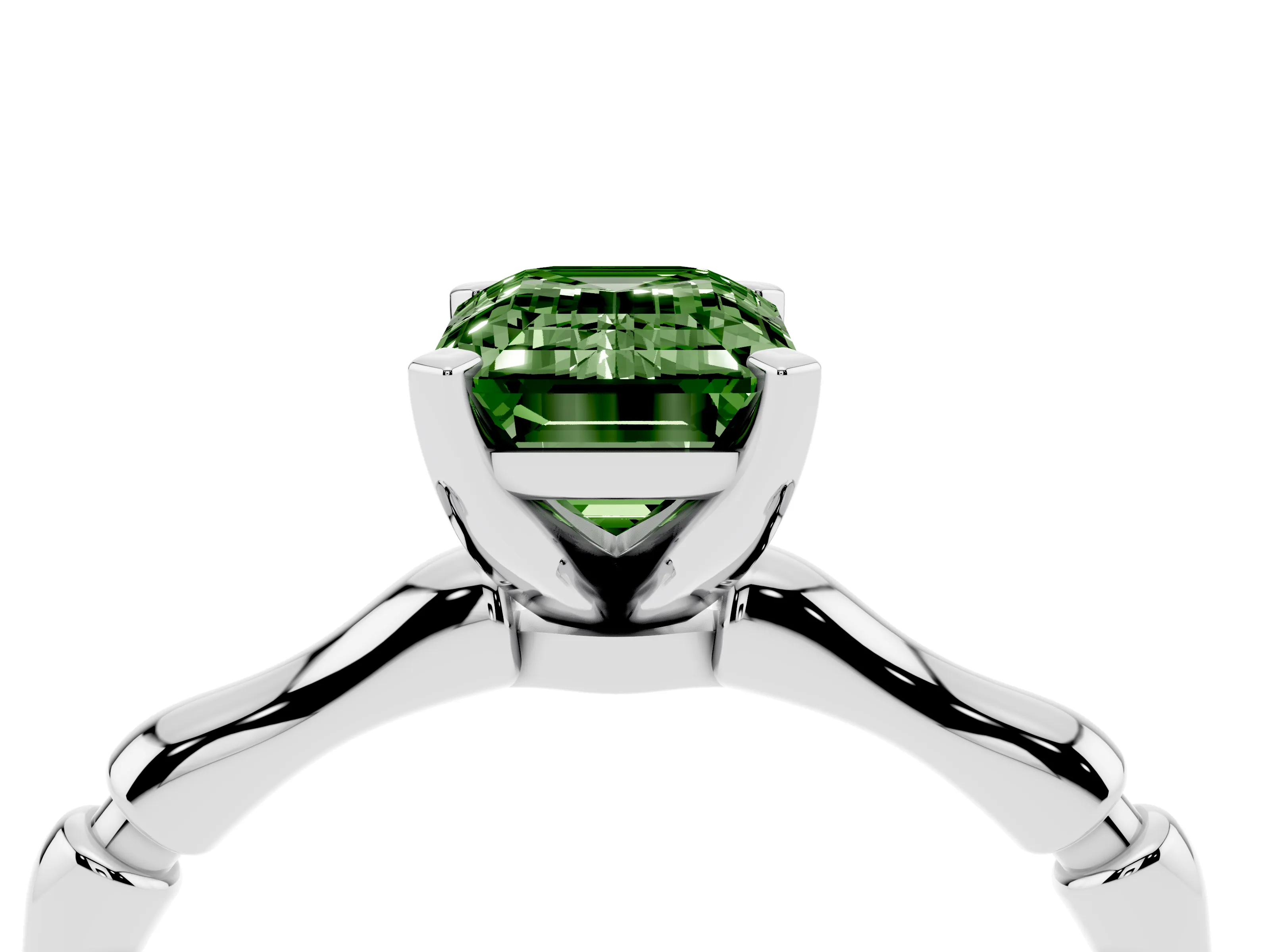 Fancy Green Emerald Cut Diamond Solitaire Ring Set in Platinum with Bamboo Band and Prong Setting