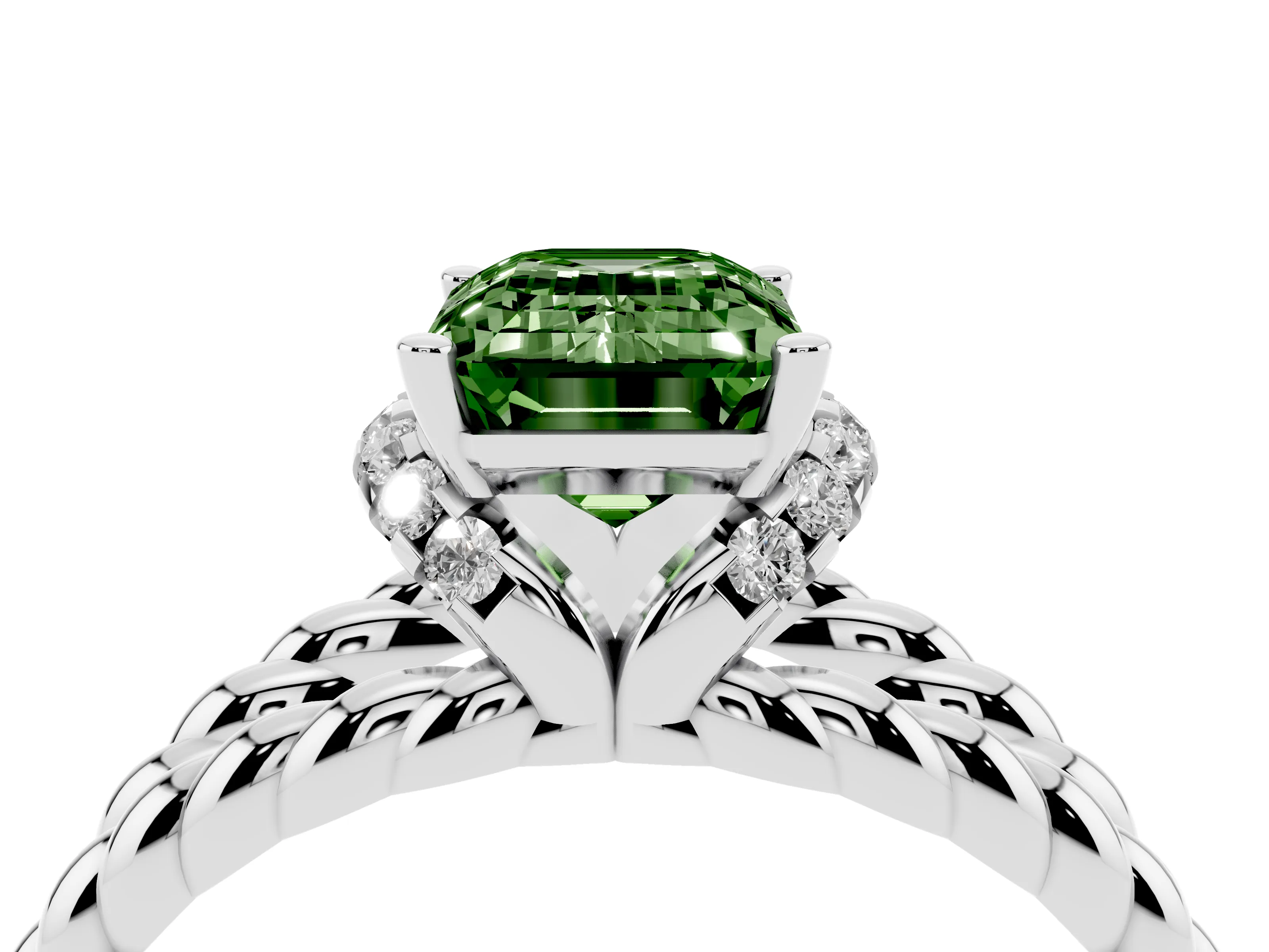 Fancy Green Emerald Cut Diamond Halo Ring Set in White gold with Twisted Band and Prong Setting
