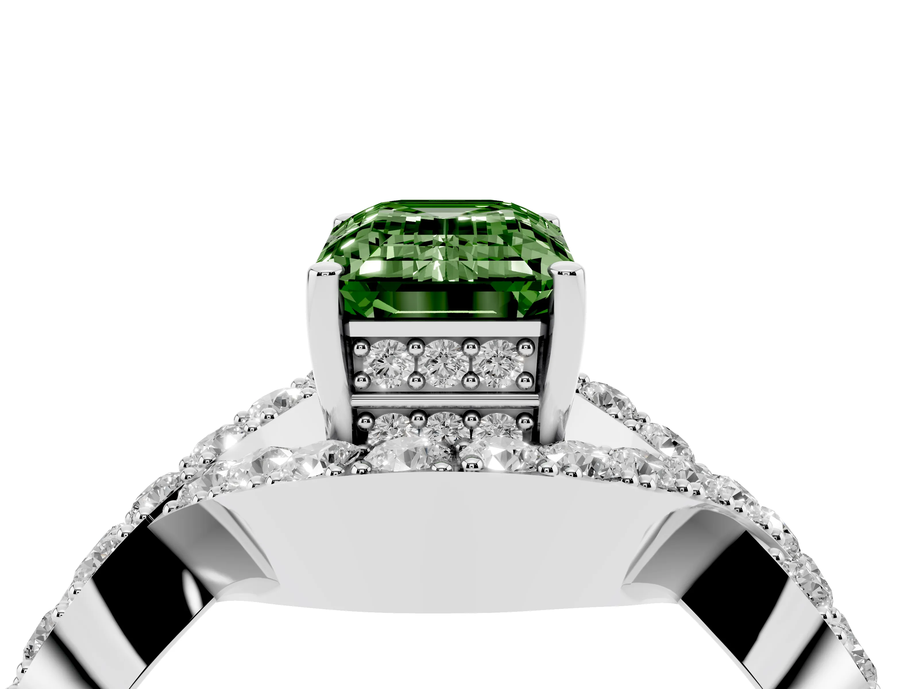 Fancy Green Emerald Cut Diamond Solitaire Twist Band Pavé Engagement Ring Set in White gold