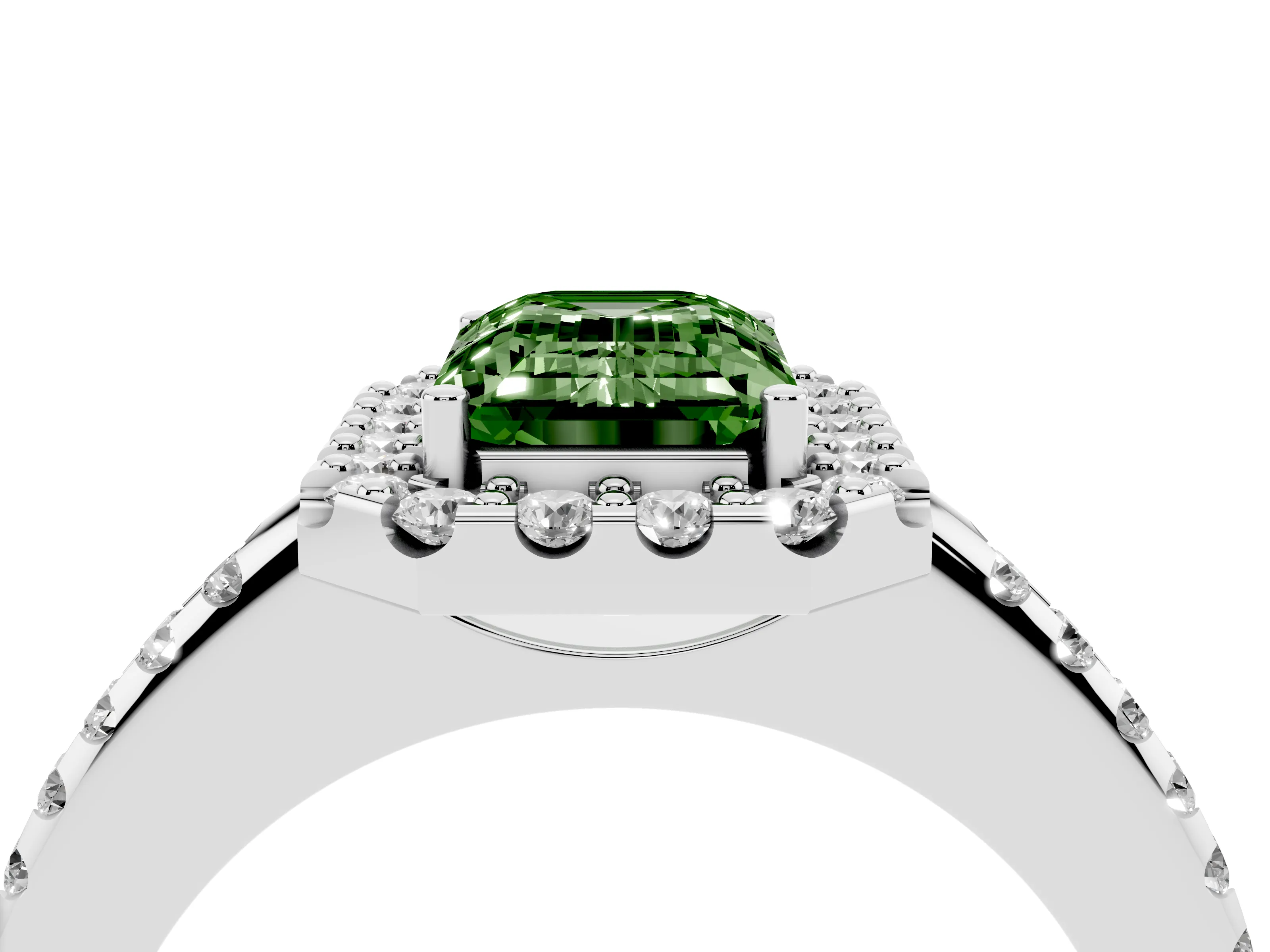 Fancy Green Emerald Cut Diamond Pavé Halo Ring Set in Platinum with Prong Setting