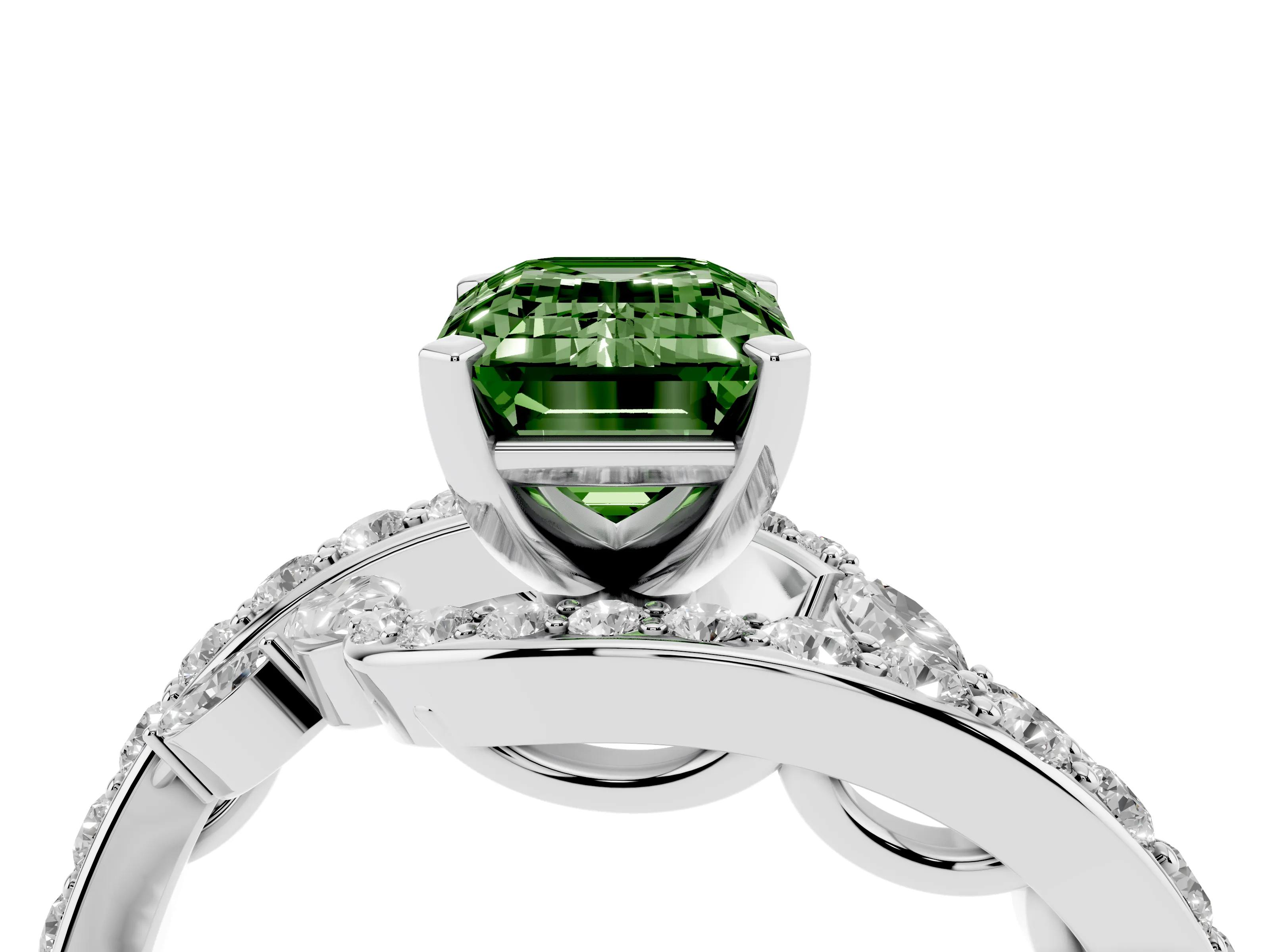 Fancy Green Emerald Cut Diamond Solitaire Ring Set in Platinum with Pavé Twist Band and Secure Prong Setting