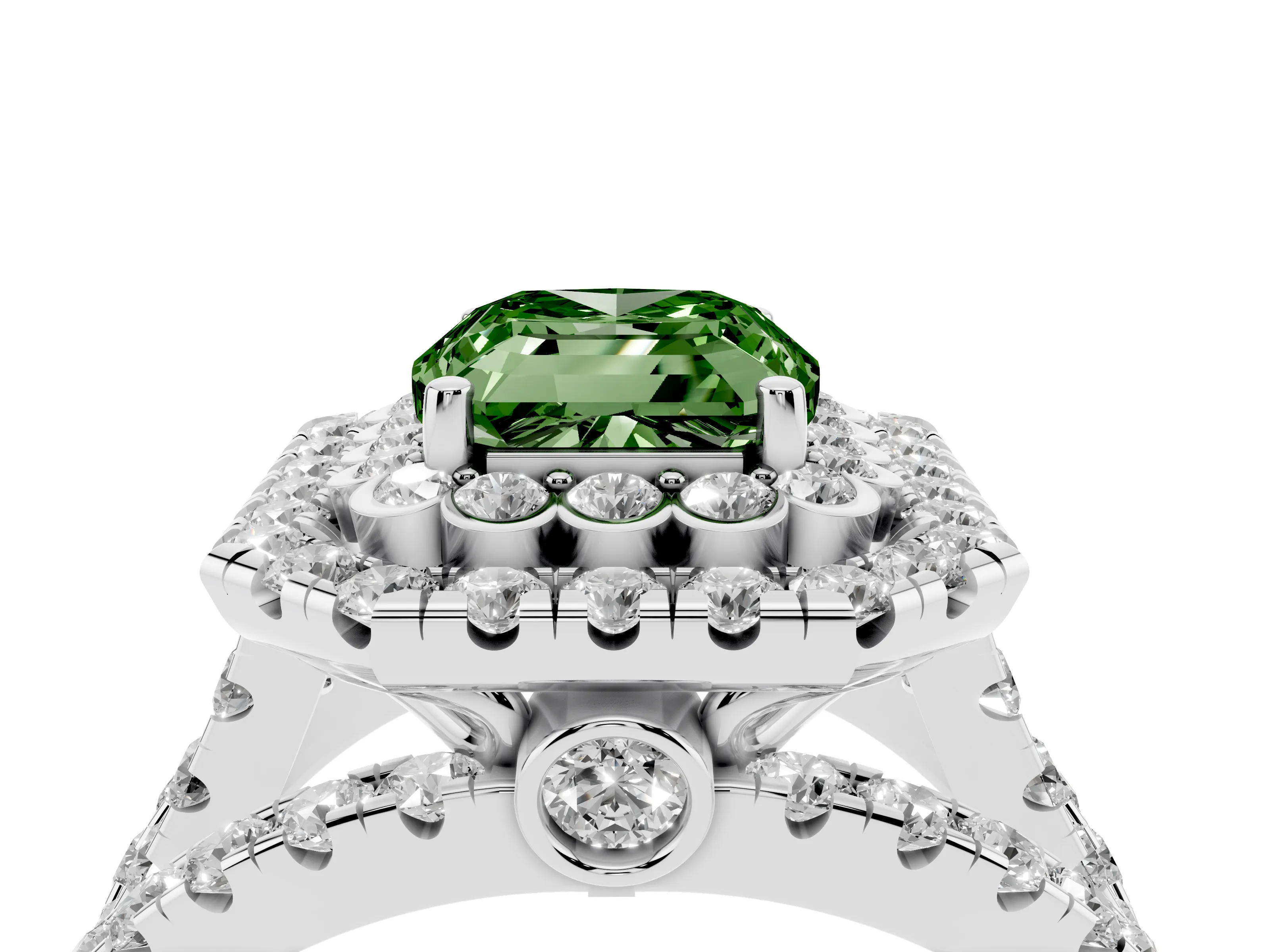Fancy Green Emerald Cut Diamond Double Halo Ring Set in Silver with Round Pavé Split Shank