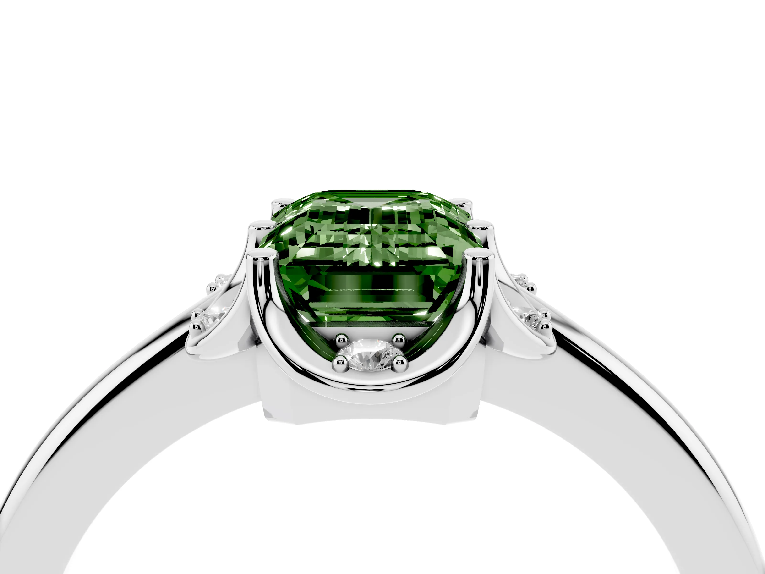 Fancy Green Emerald Cut Diamond Round Cluster Halo Ring Set in Platinum with Solitaire Band and Prong Setting