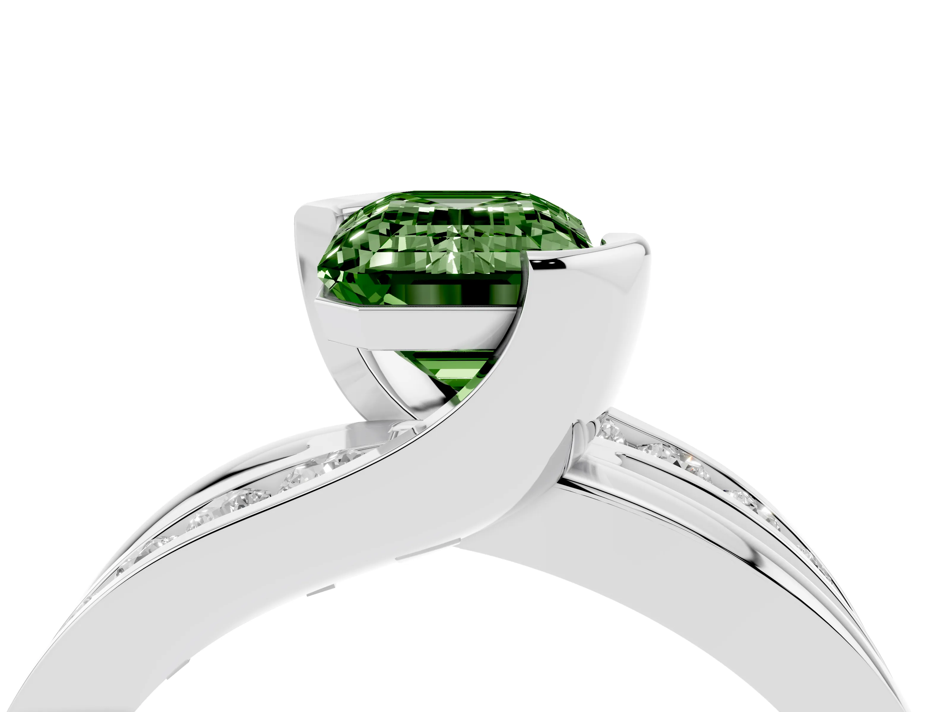 Fancy Green Emerald Cut Diamond Solitaire Ring Set in Platinum with Channel Set Split Shank and Tension Prongs