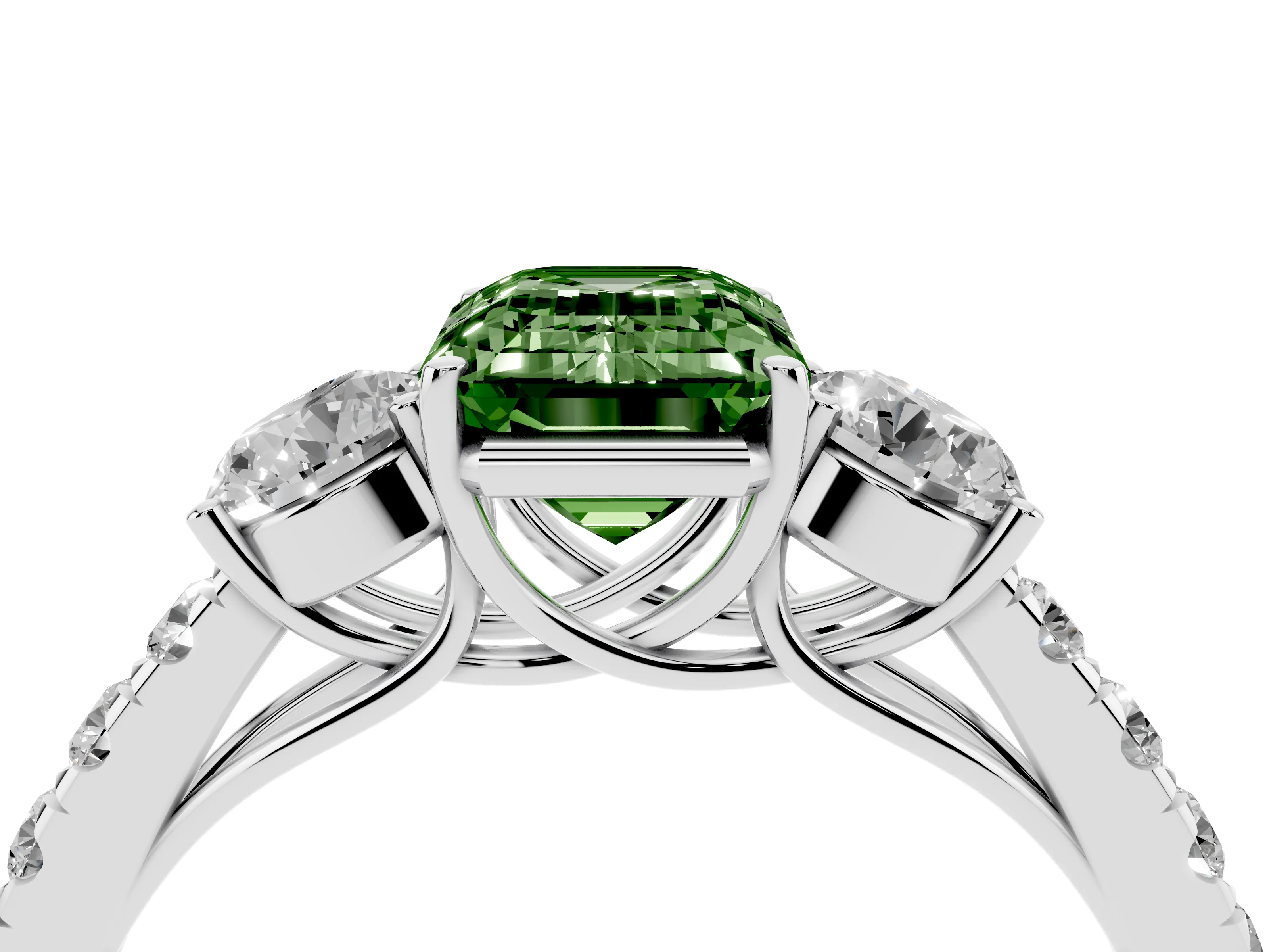 Fancy Green Emerald Cut Diamond Three-Stone Ring Set in White gold with Round Side Stones and Delicate Pavé Band