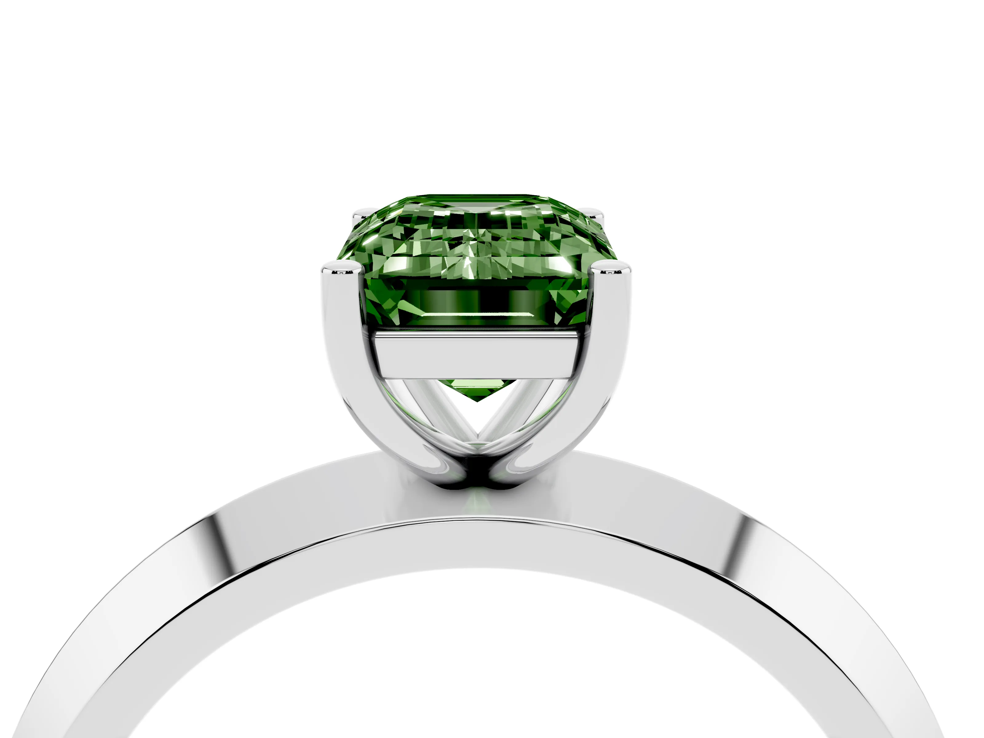 Fancy Green Emerald Cut Diamond Solitaire Engagement Ring Set in White gold with Flat Band and Prong Setting