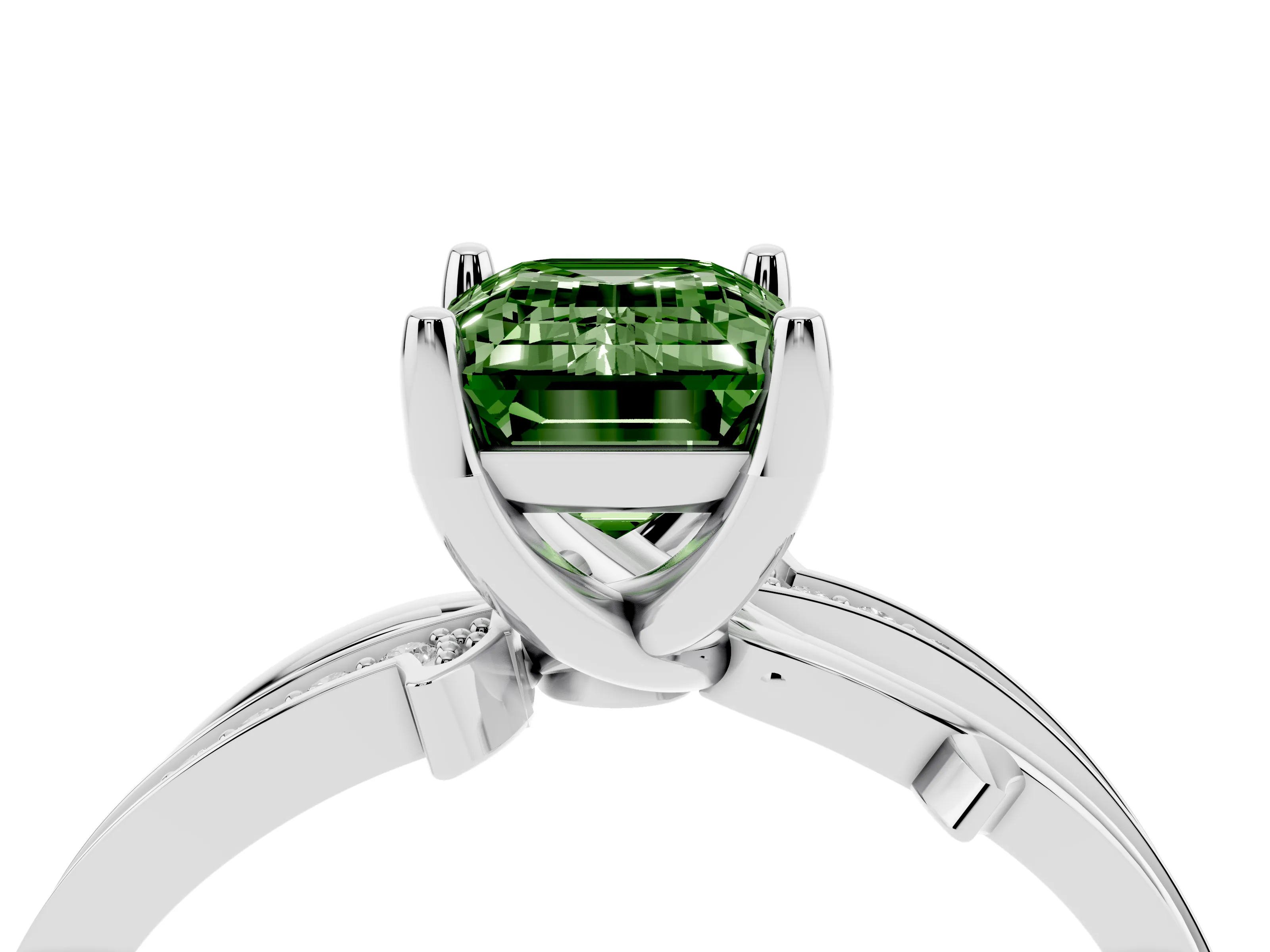 Fancy Green Emerald Cut Diamond Pavé Twist Band Solitaire Ring Set in Platinum with Prong Setting