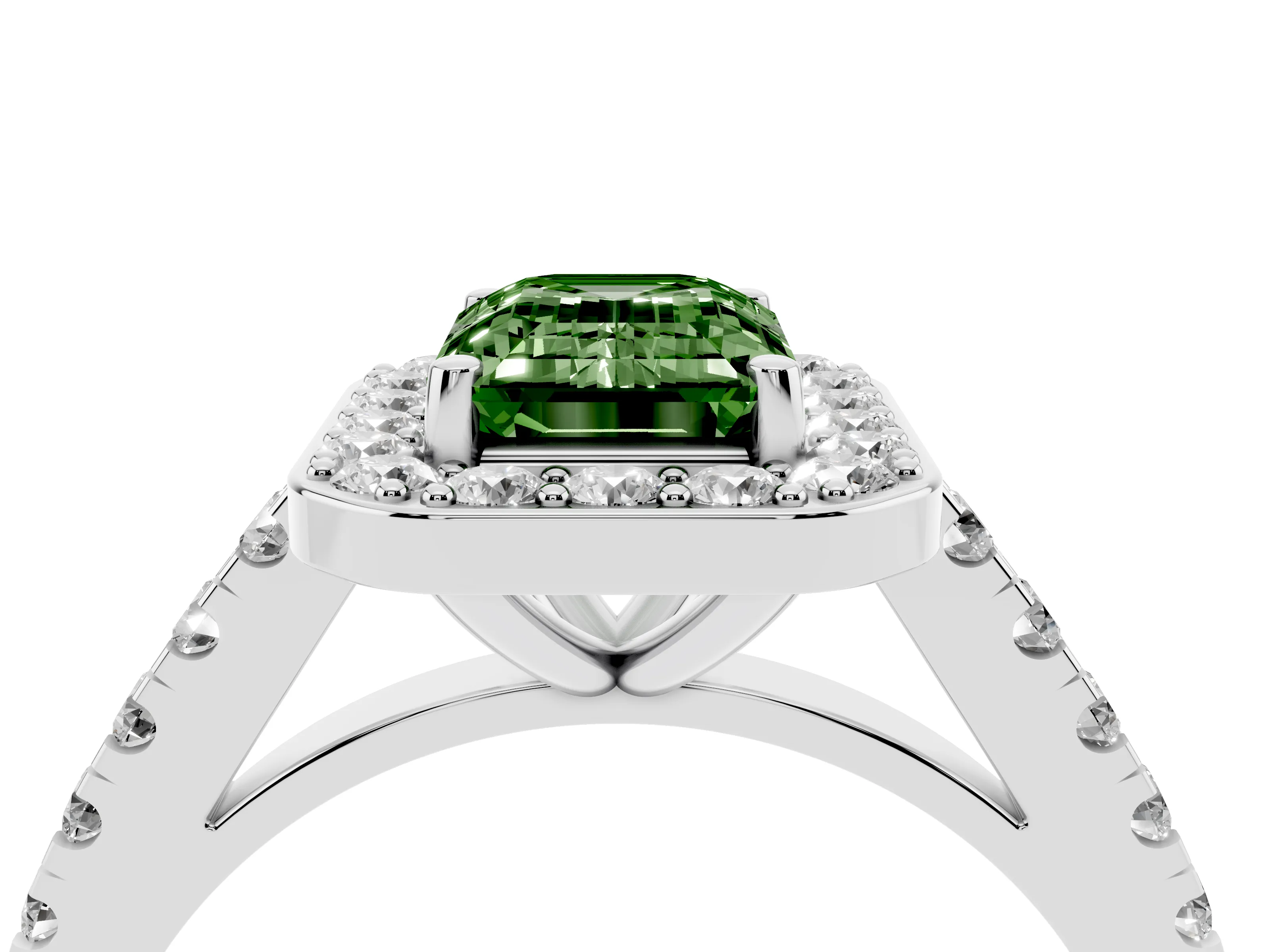 Fancy Green Emerald Cut Diamond Halo Ring Set in White gold with Round Pavé Split Shank and Prong Setting