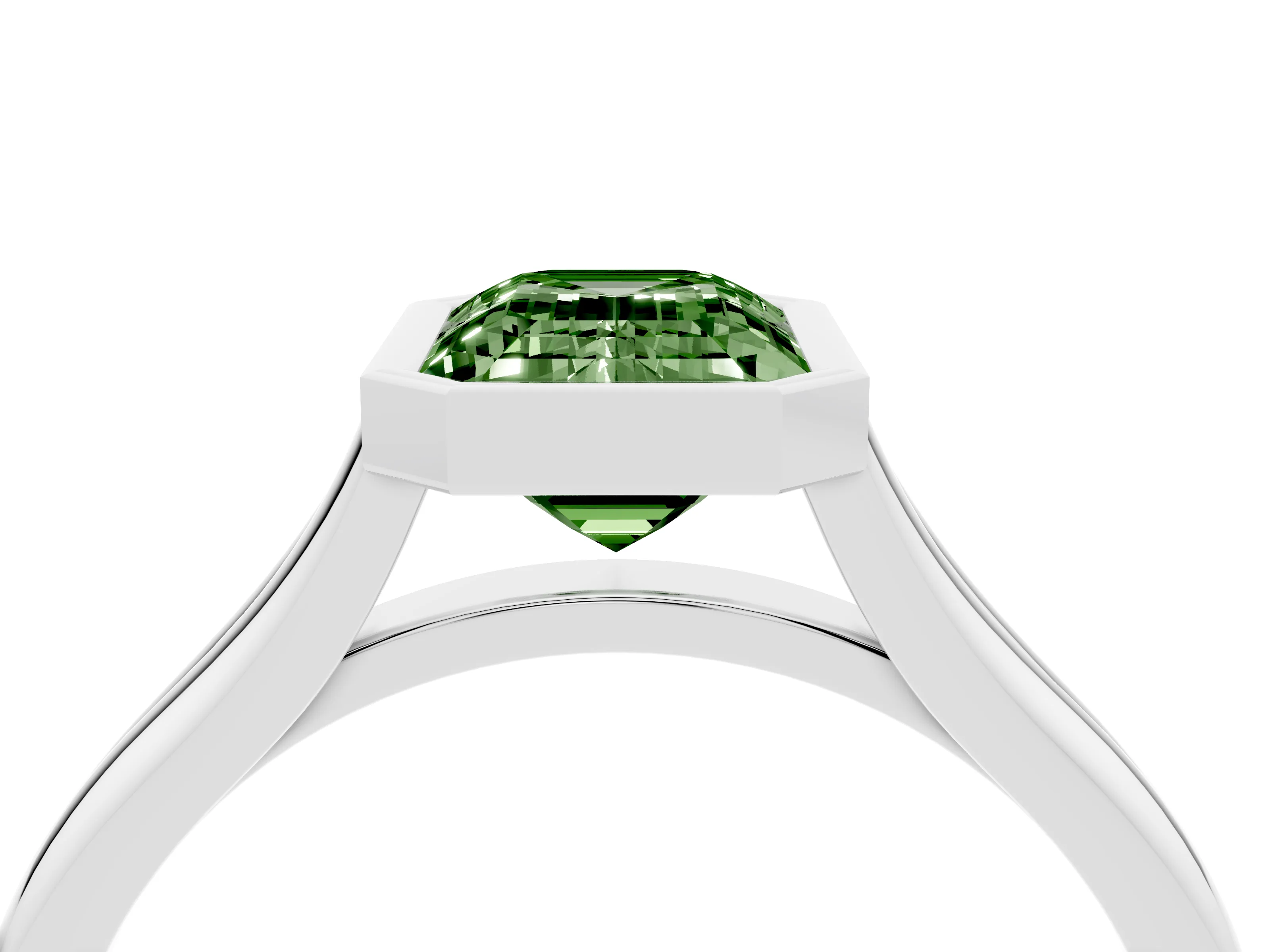 Fancy Green Bezel Set Emerald Cut Diamond Solitaire Ring Set in Platinum with Tapered Band