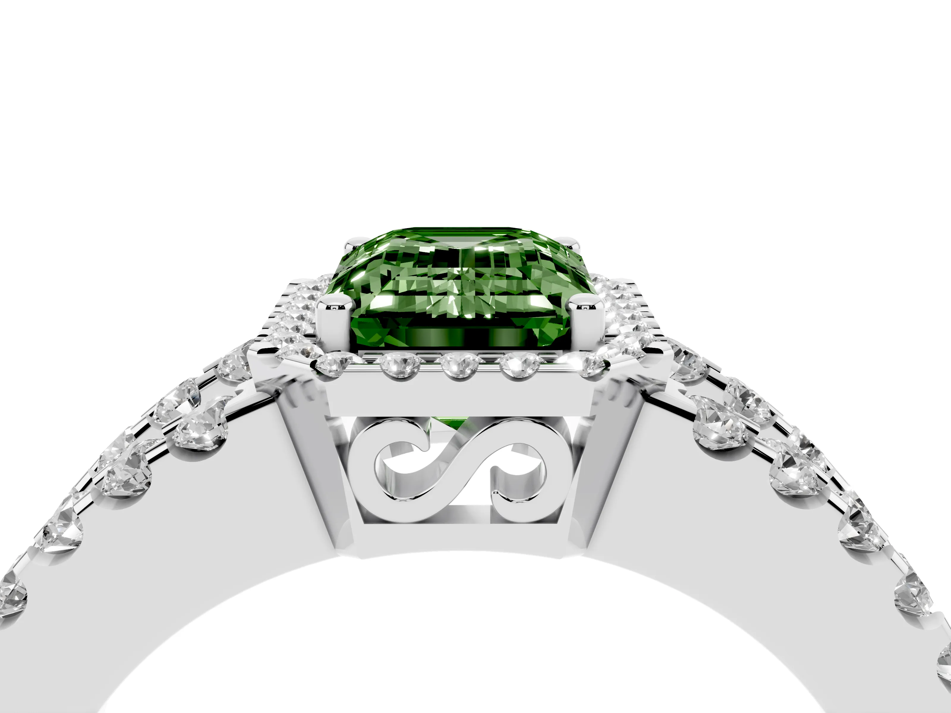 Fancy Green Emerald Cut Diamond Halo Ring Set in Silver with Pavé Split Shank and Prong Setting