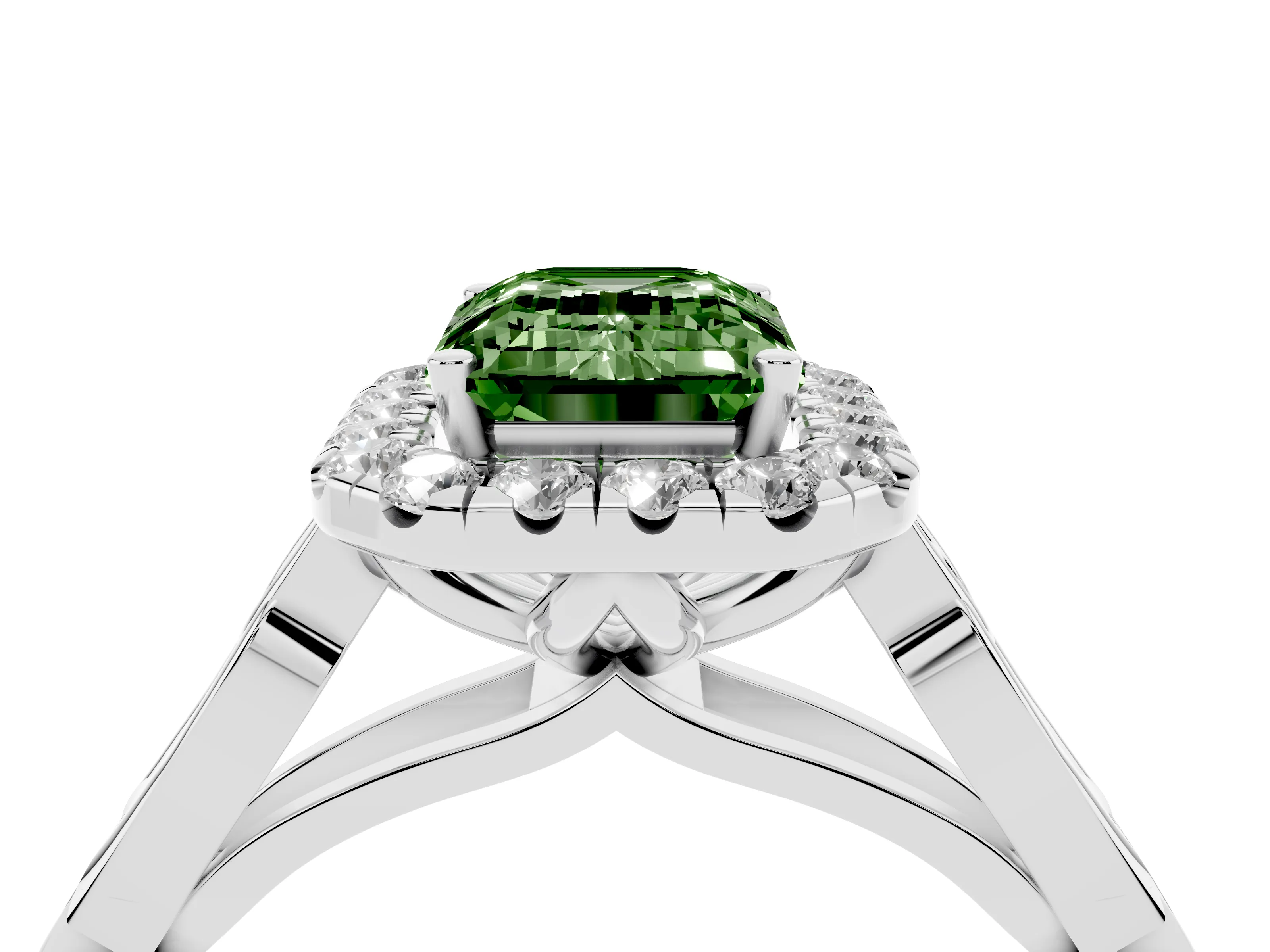 Fancy Green Emerald Cut Diamond Halo Engagement Ring Set in Platinum with Filigree Band and Prong-Set Center