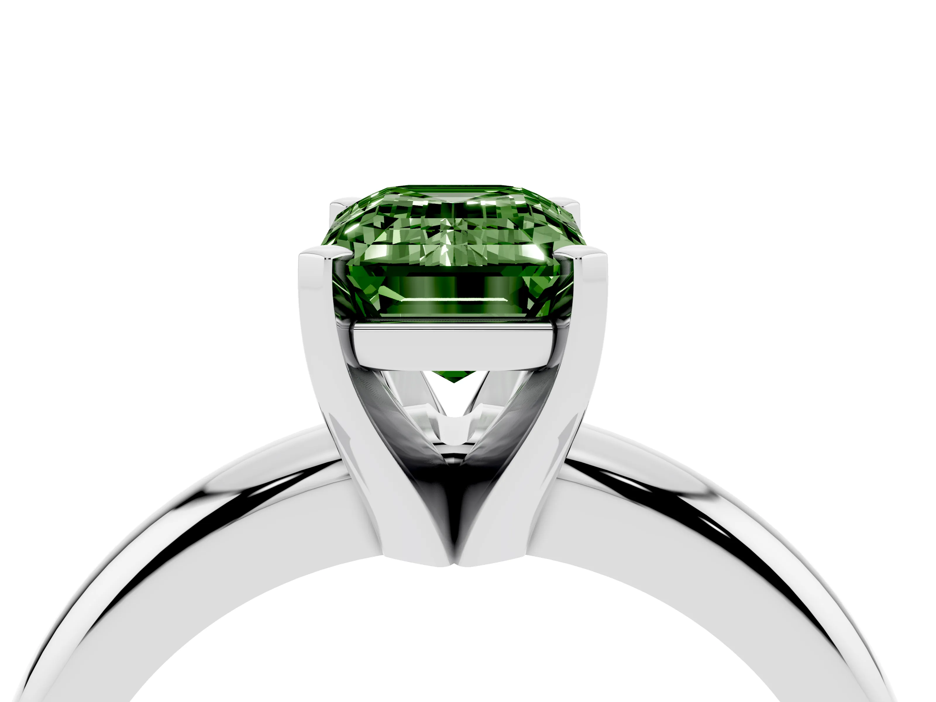 Fancy Green Emerald Cut Diamond Solitaire Engagement Ring Set in Silver with Round Band and Prong Setting