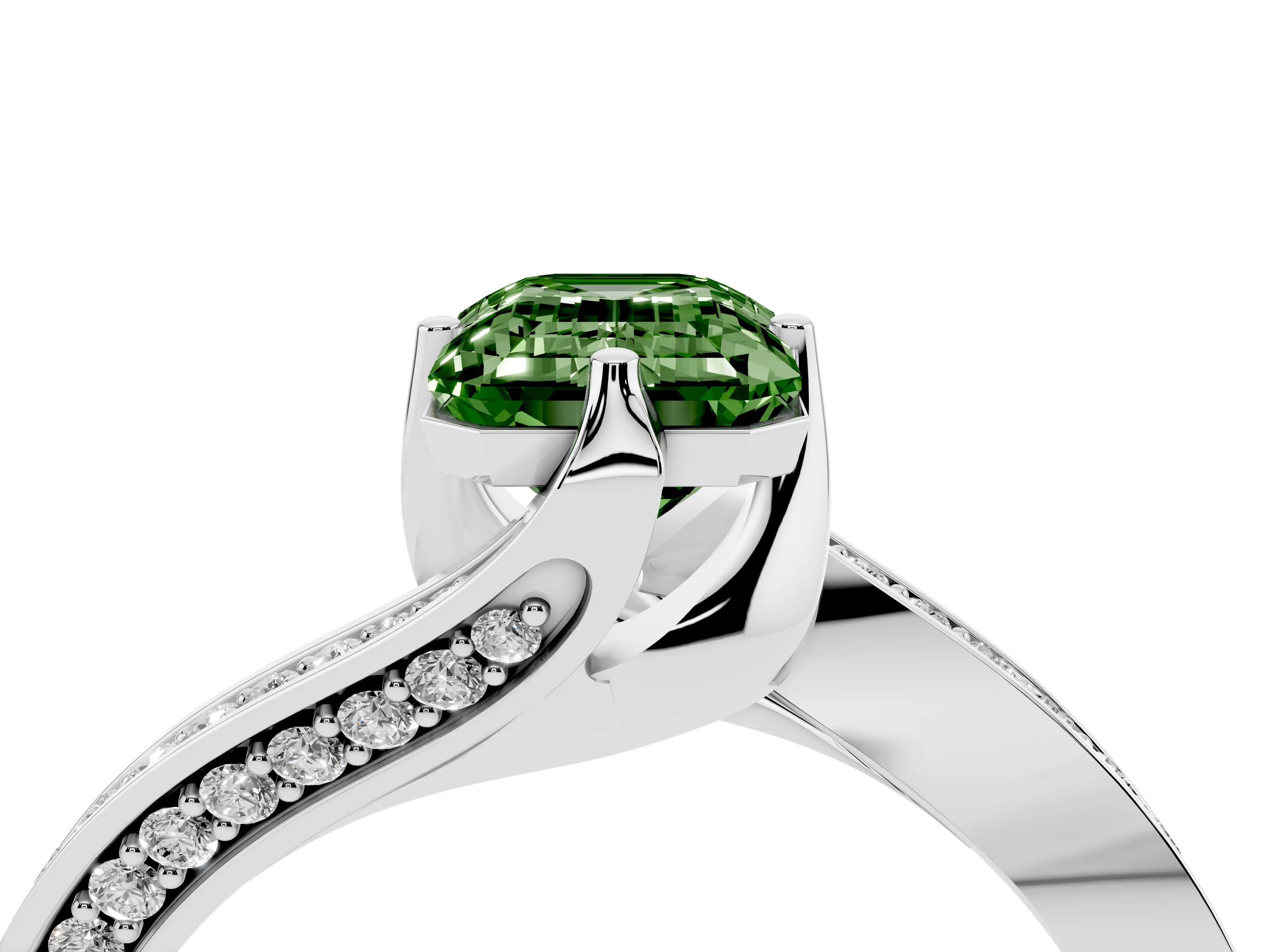 Fancy Green Emerald Cut Diamond Solitaire Ring Set in Platinum with Intertwined Pavé Twist Band