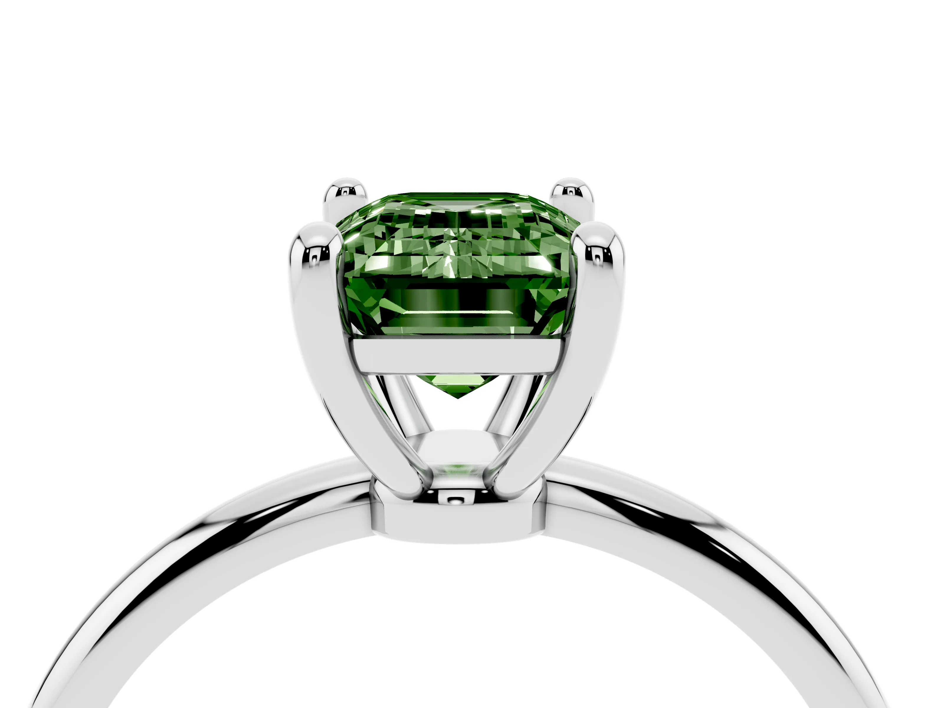 Fancy Green Emerald Cut Diamond Solitaire Ring Set in Platinum with Secure Prong Setting on a Classic Band