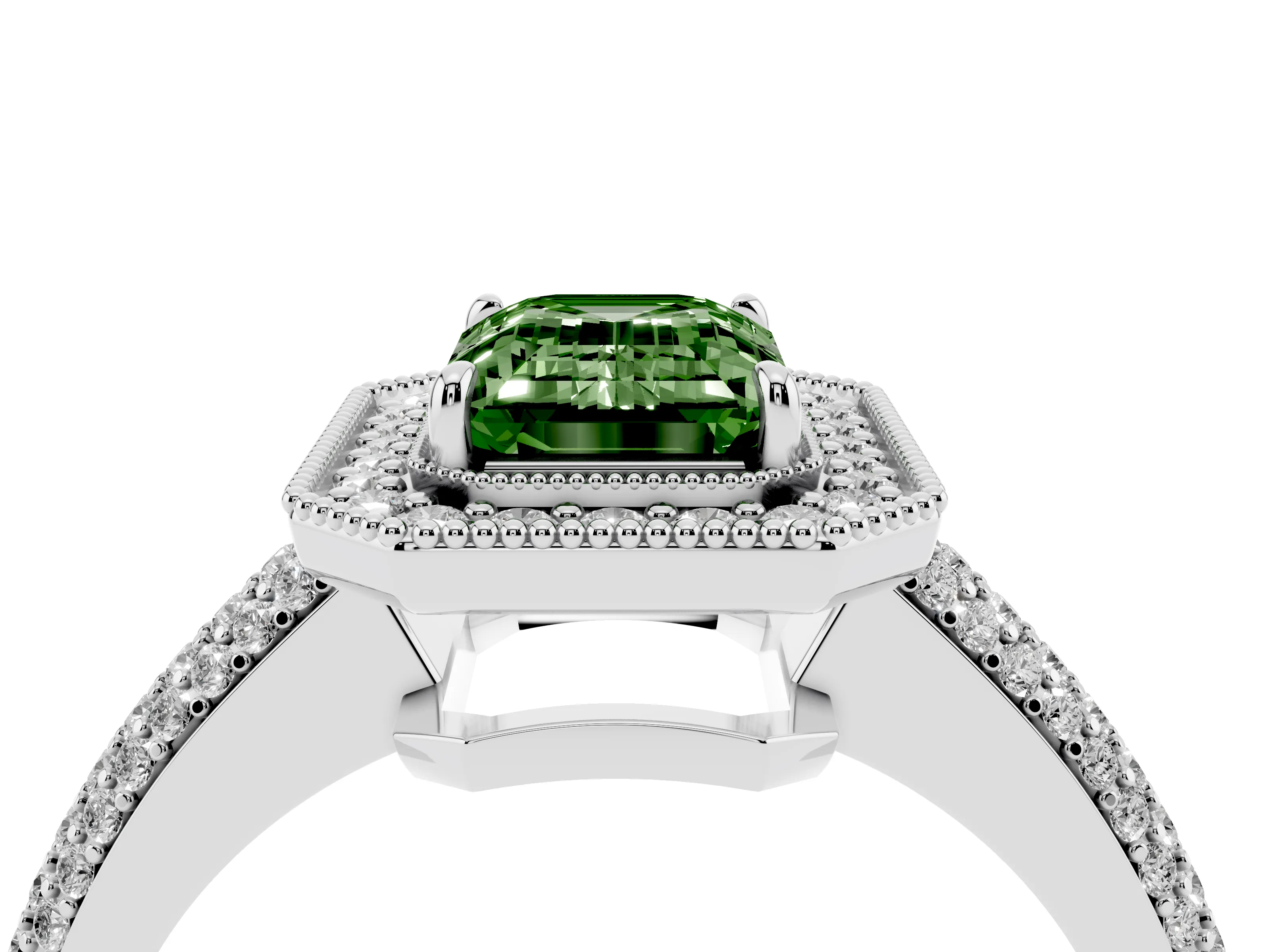 Fancy Green Emerald Cut Diamond Halo Pavé Band Set in Platinum with Prong Setting
