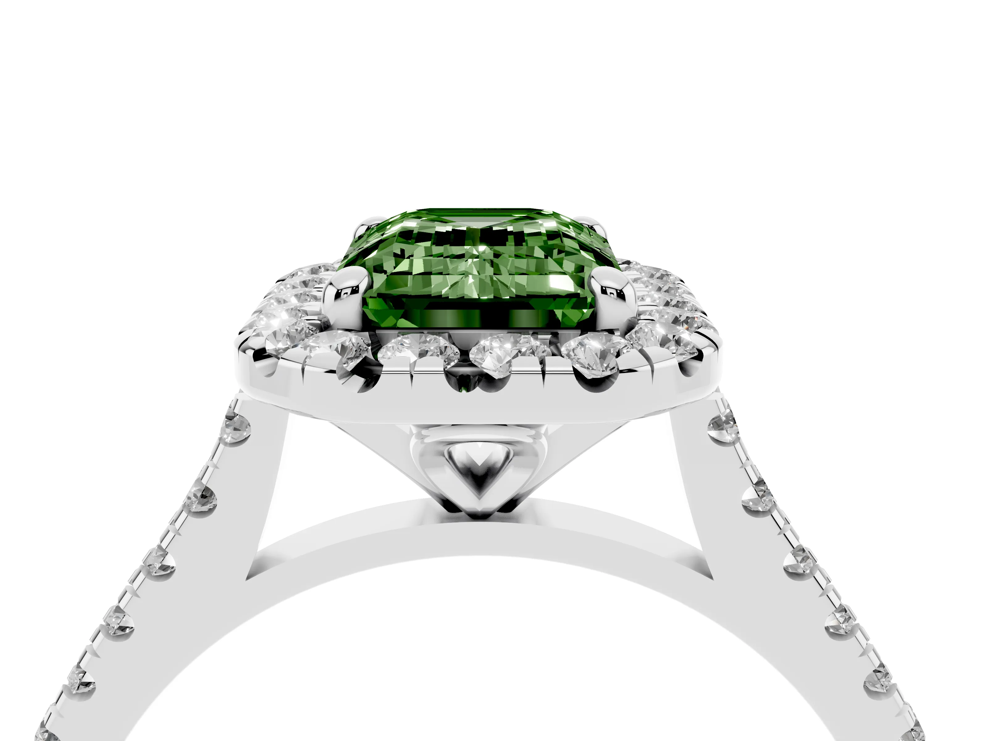 Fancy Green Emerald Cut Diamond Cushion Halo Ring Set in White gold with Pavé Band