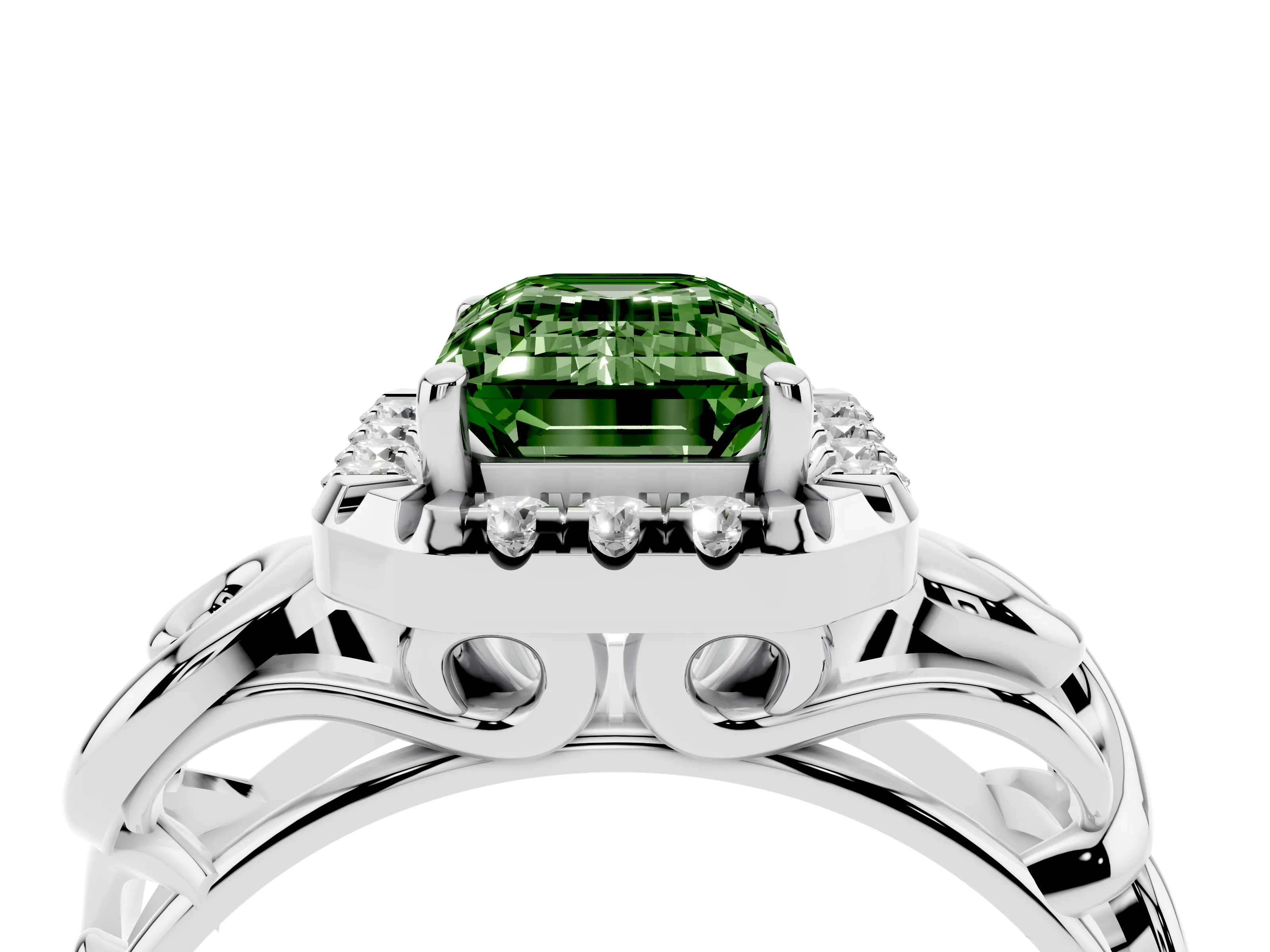 Fancy Green Emerald Cut Diamond Halo Ring Set in Platinum with Scrollwork Band and Prong Setting