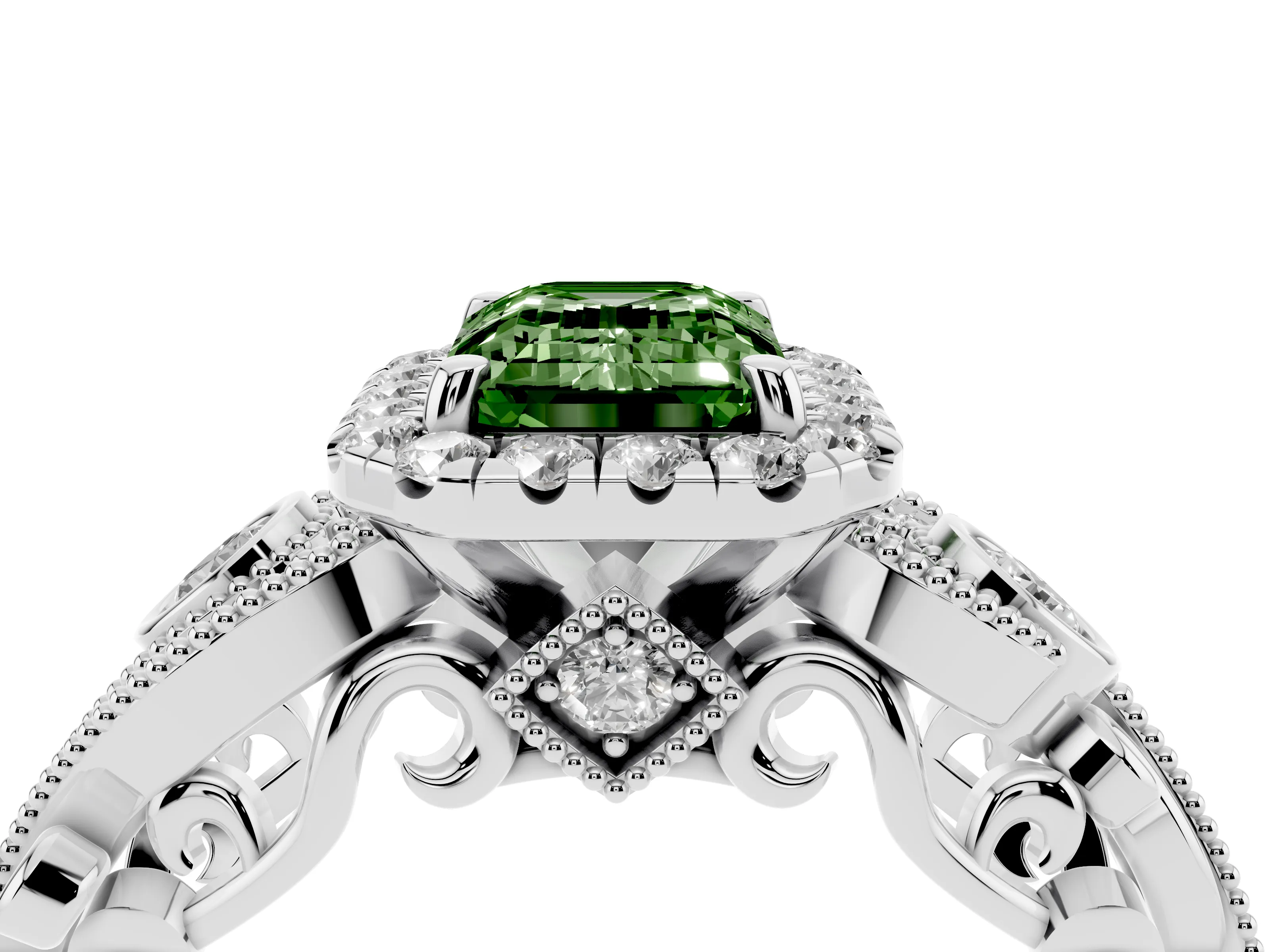 Fancy Green Emerald Cut Diamond Halo Ring Set in Silver with Milgrain Pavé Band and Prong Setting