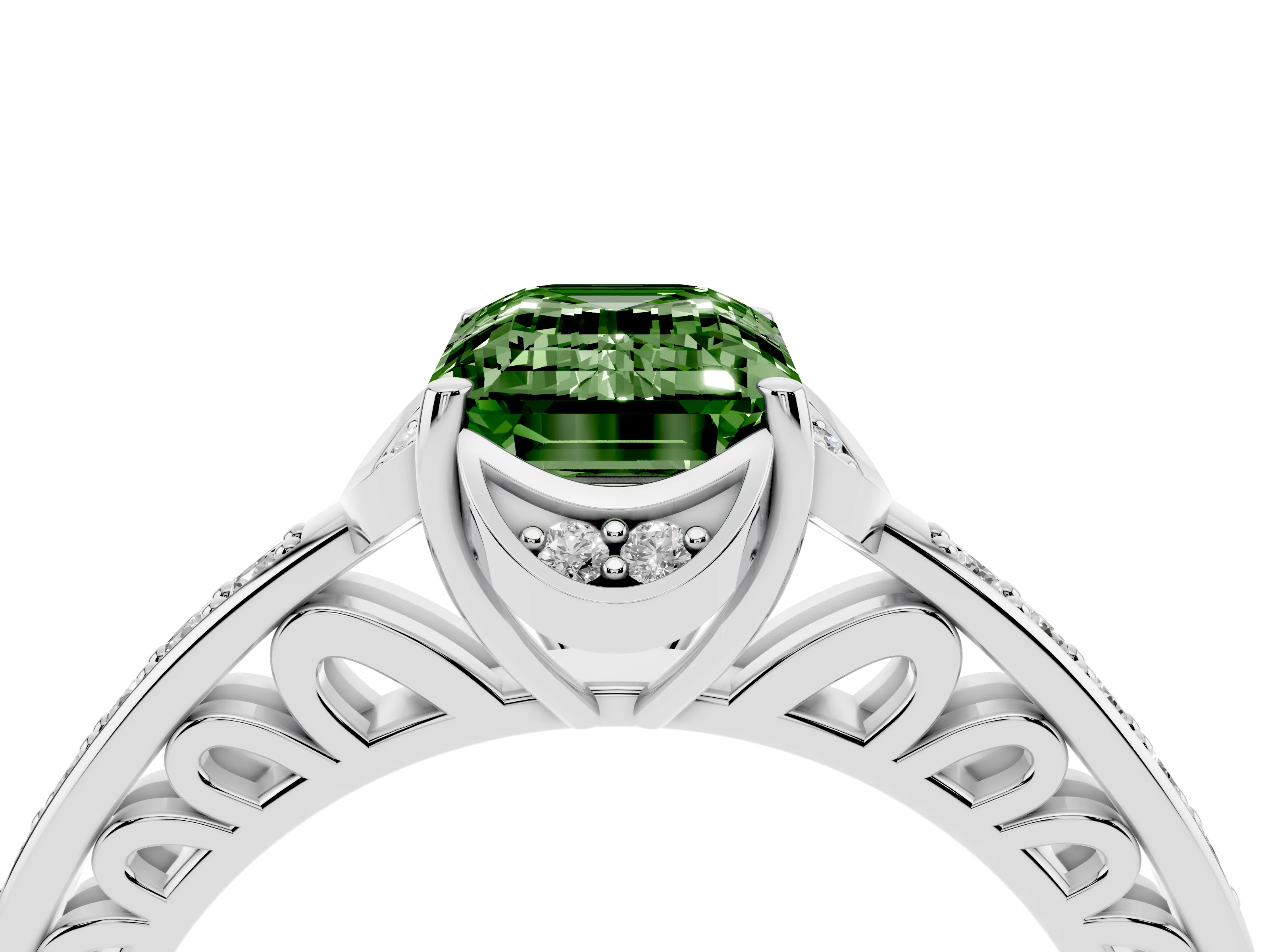 Fancy Green Emerald Cut Diamond Halo Ring Set in Platinum with Channel Set Band and Prong Setting