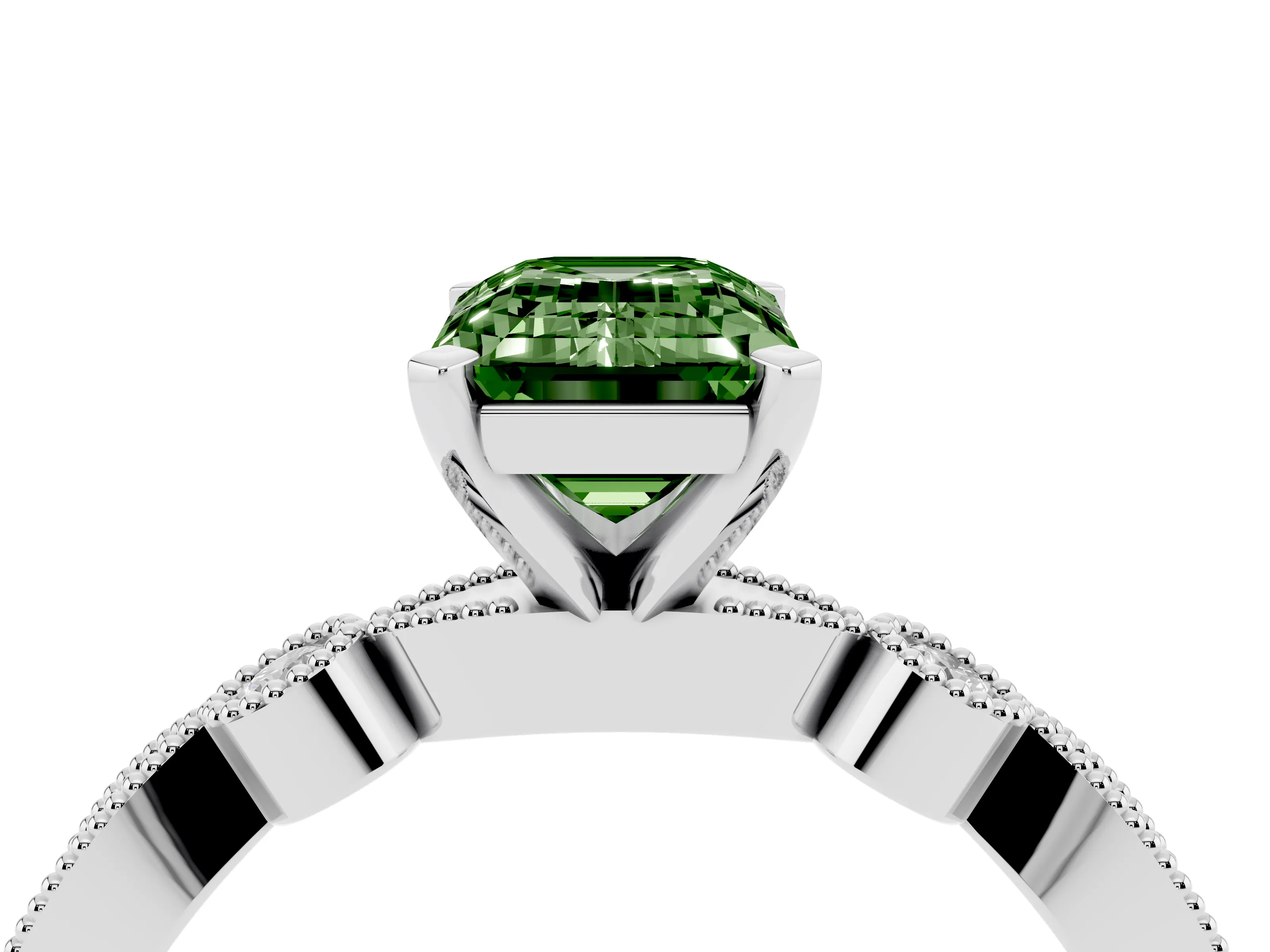 Fancy Green Emerald Cut Diamond Solitaire Engagement Ring Set in Silver with Milgrain Bezel Accent Band