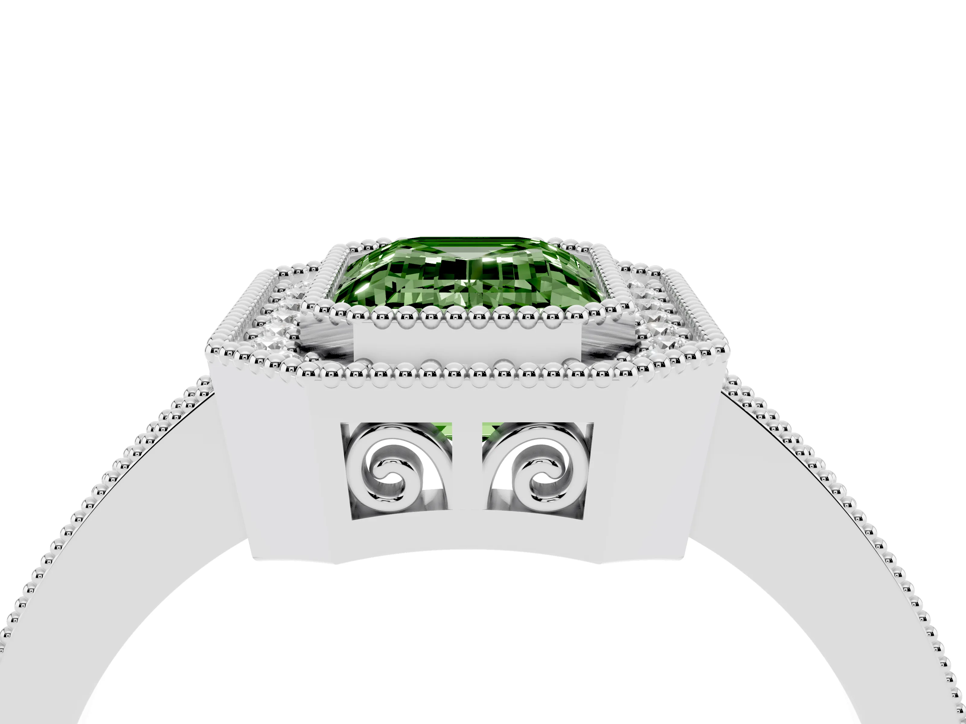Fancy Green Emerald Cut Diamond Round Halo Ring Set in Platinum with Pavé Band