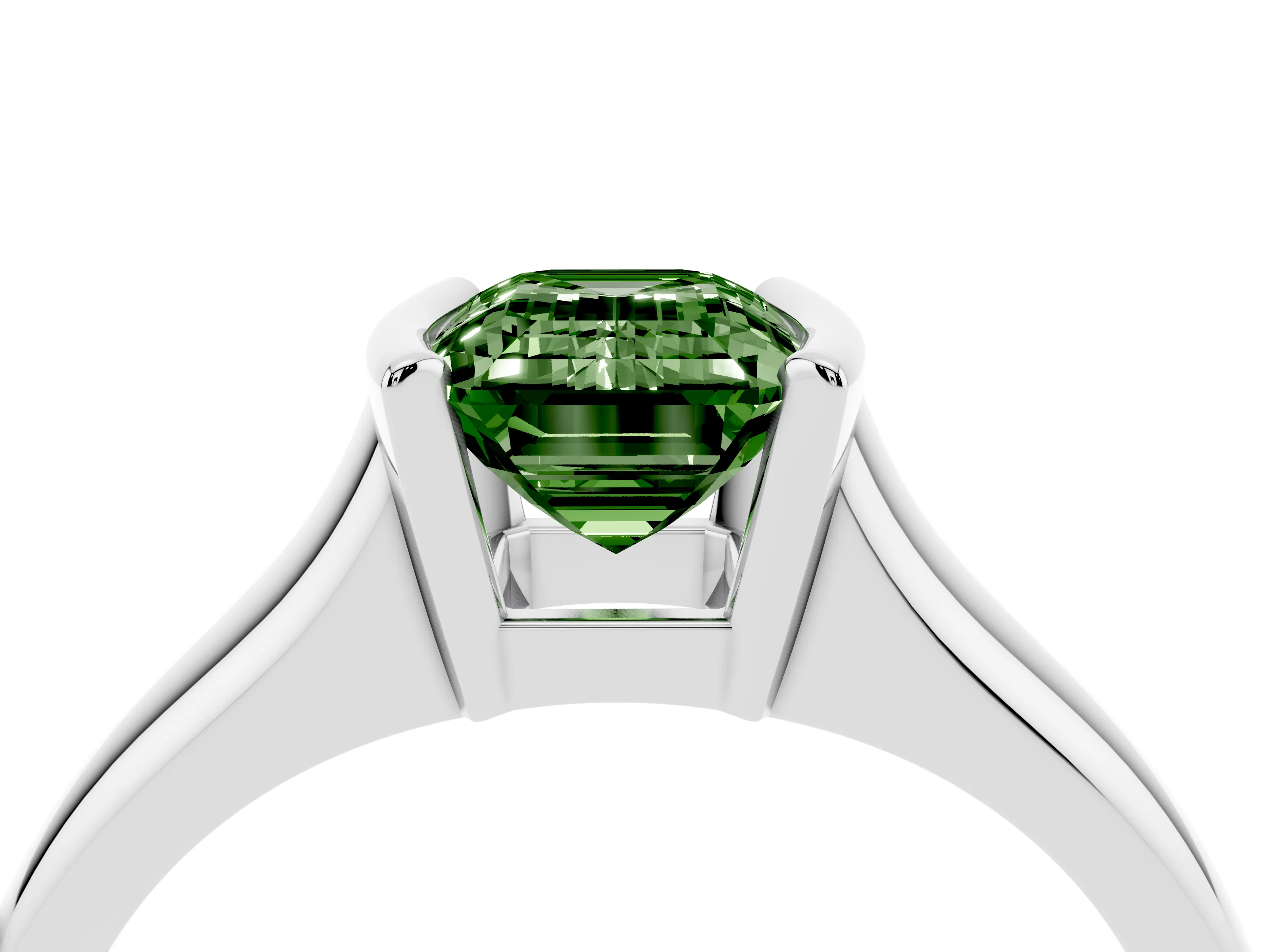 Fancy Green Emerald Cut Diamond Solitaire Tension Set Ring Set in White gold with Split Shank Band