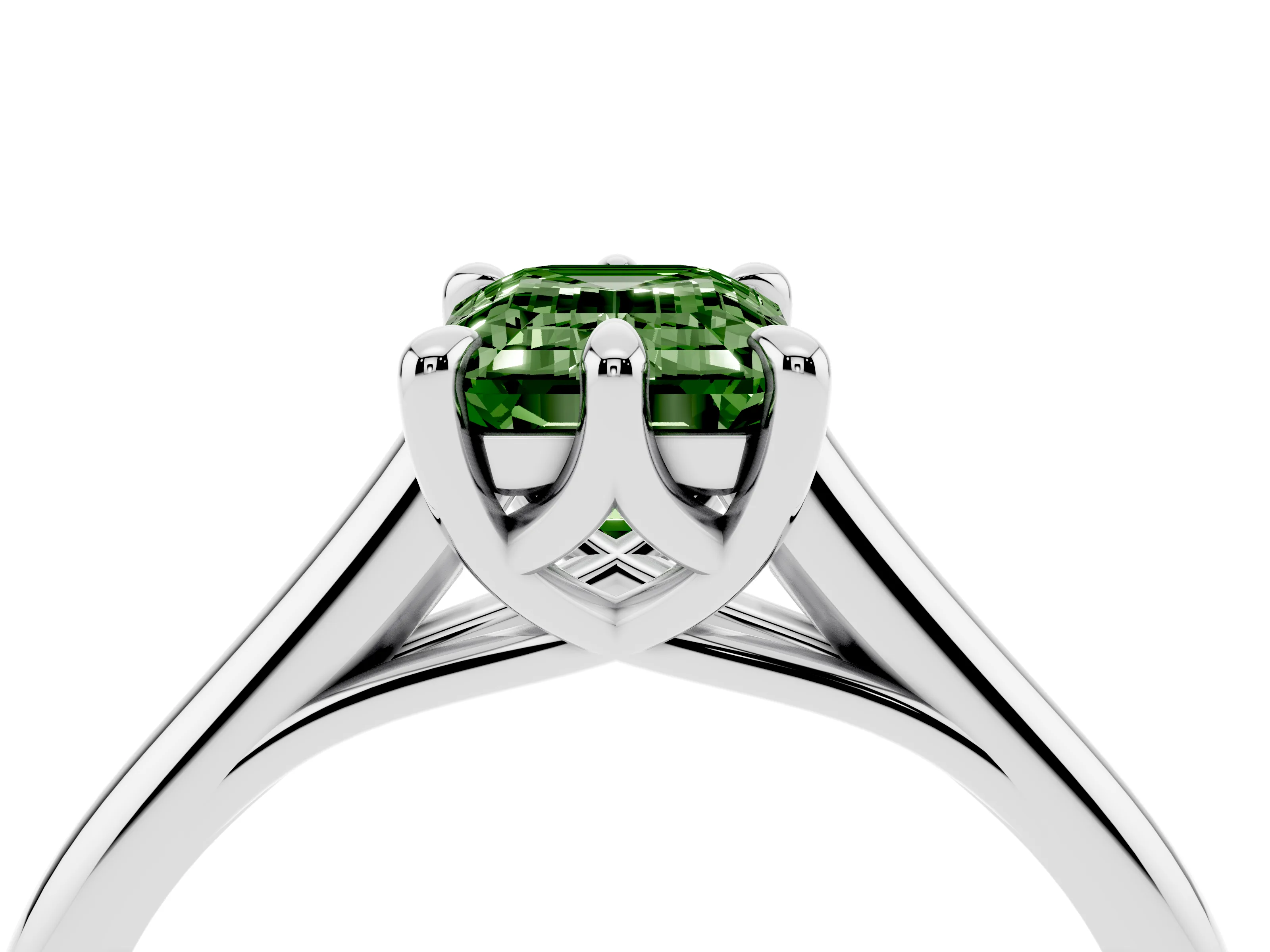 Fancy Green Emerald Cut Diamond Solitaire Engagement Ring Set in Silver with Prong Setting and Plain Classic Band