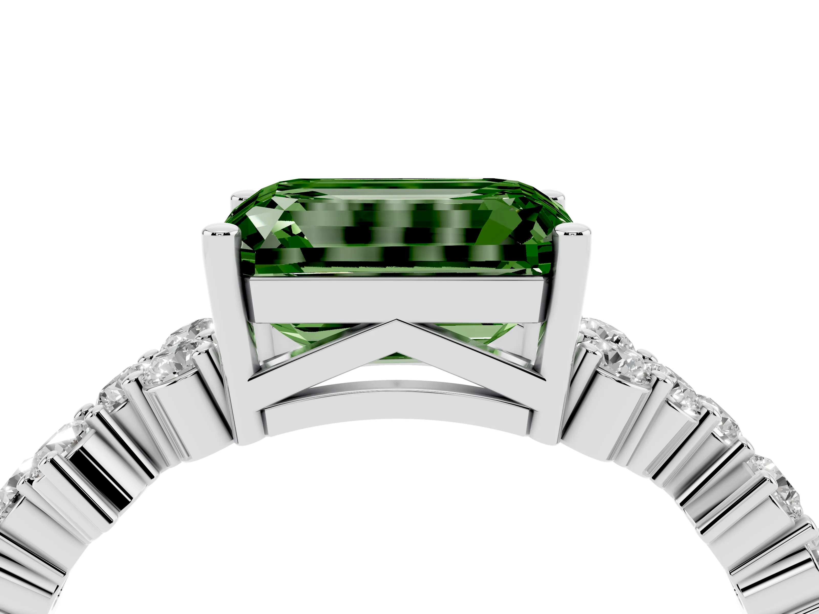 Fancy Green Emerald Cut Diamond Ring Set in Silver with Scattered Round Accents