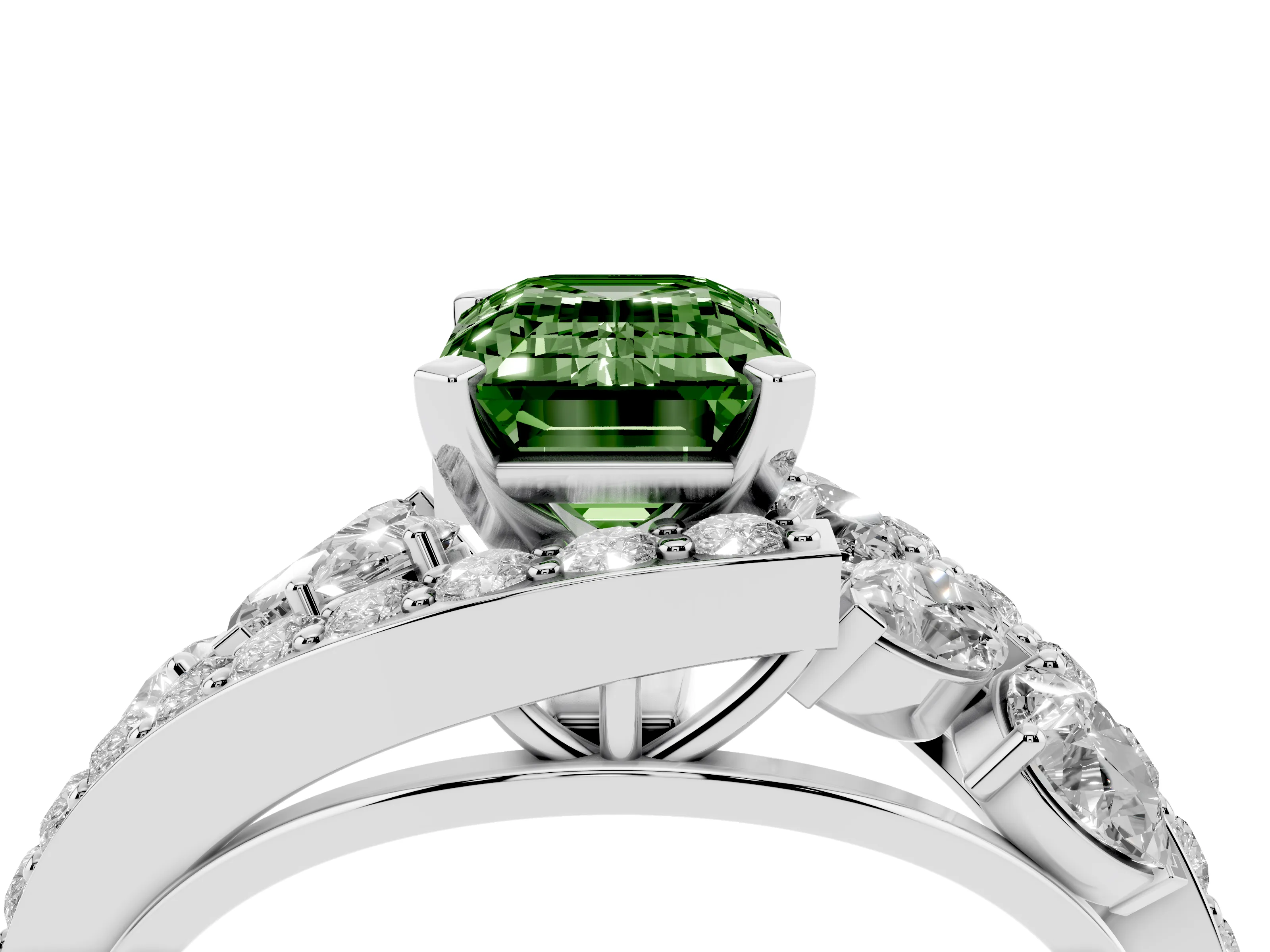 Fancy Green Emerald Cut Diamond Halo Ring Set in Platinum with Marquise and Pavé Band in Prong Setting
