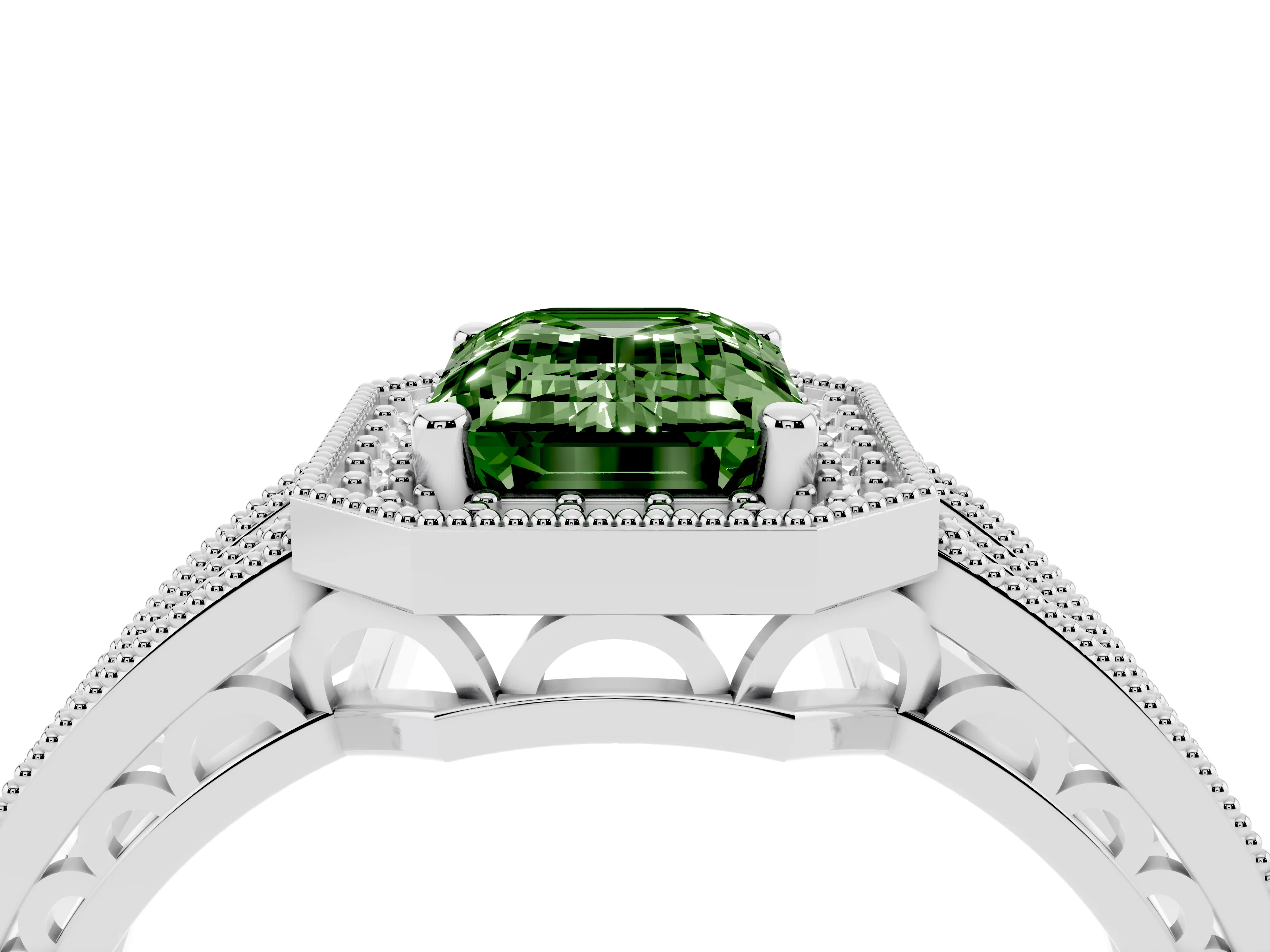 Fancy Green Emerald Cut Diamond Halo Ring Set in Silver with Accent Split Shank and Prong Setting
