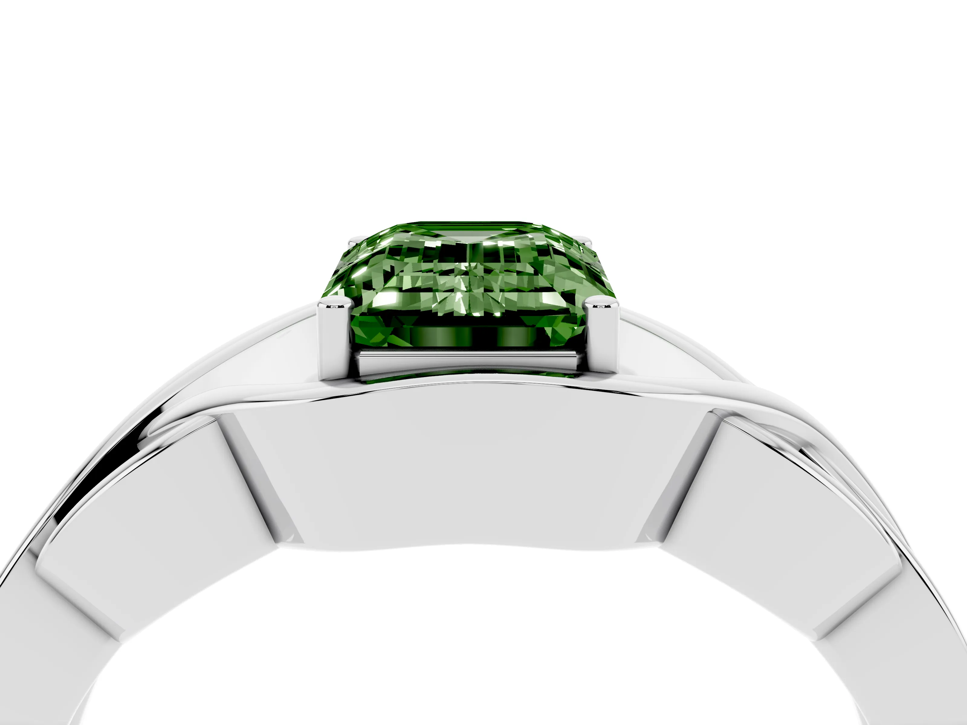 Fancy Green Emerald Cut Diamond Solitaire Ring Set in Platinum with Intertwined Band