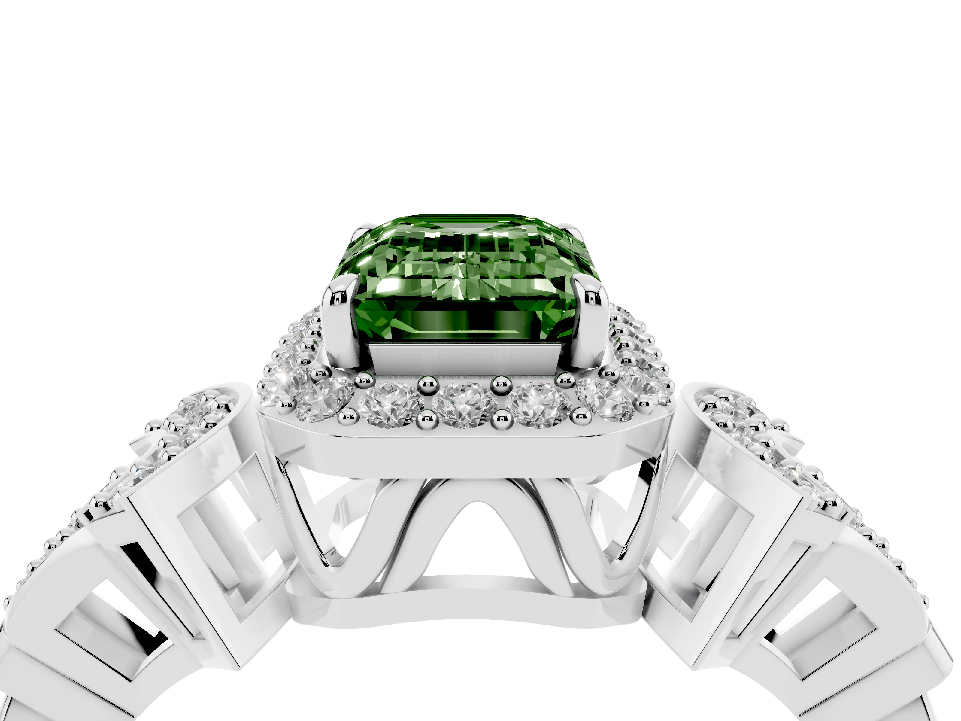 Fancy Green Emerald Cut Diamond Halo Engagement Ring Set in White gold with Accent Stone Split Shank