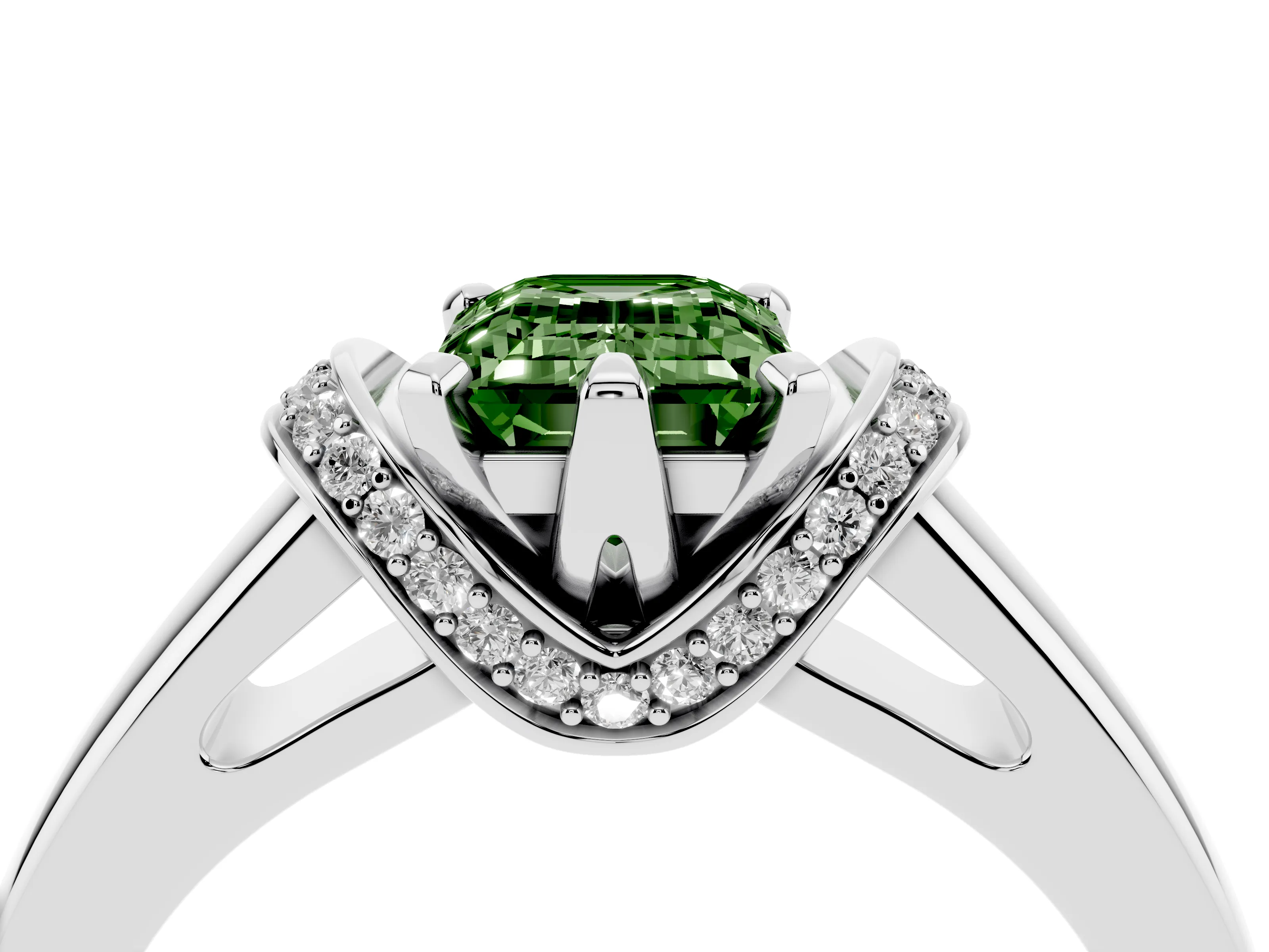 Fancy Green Emerald Cut Diamond Pavé Band Solitaire Ring Set in Platinum with Prong Setting