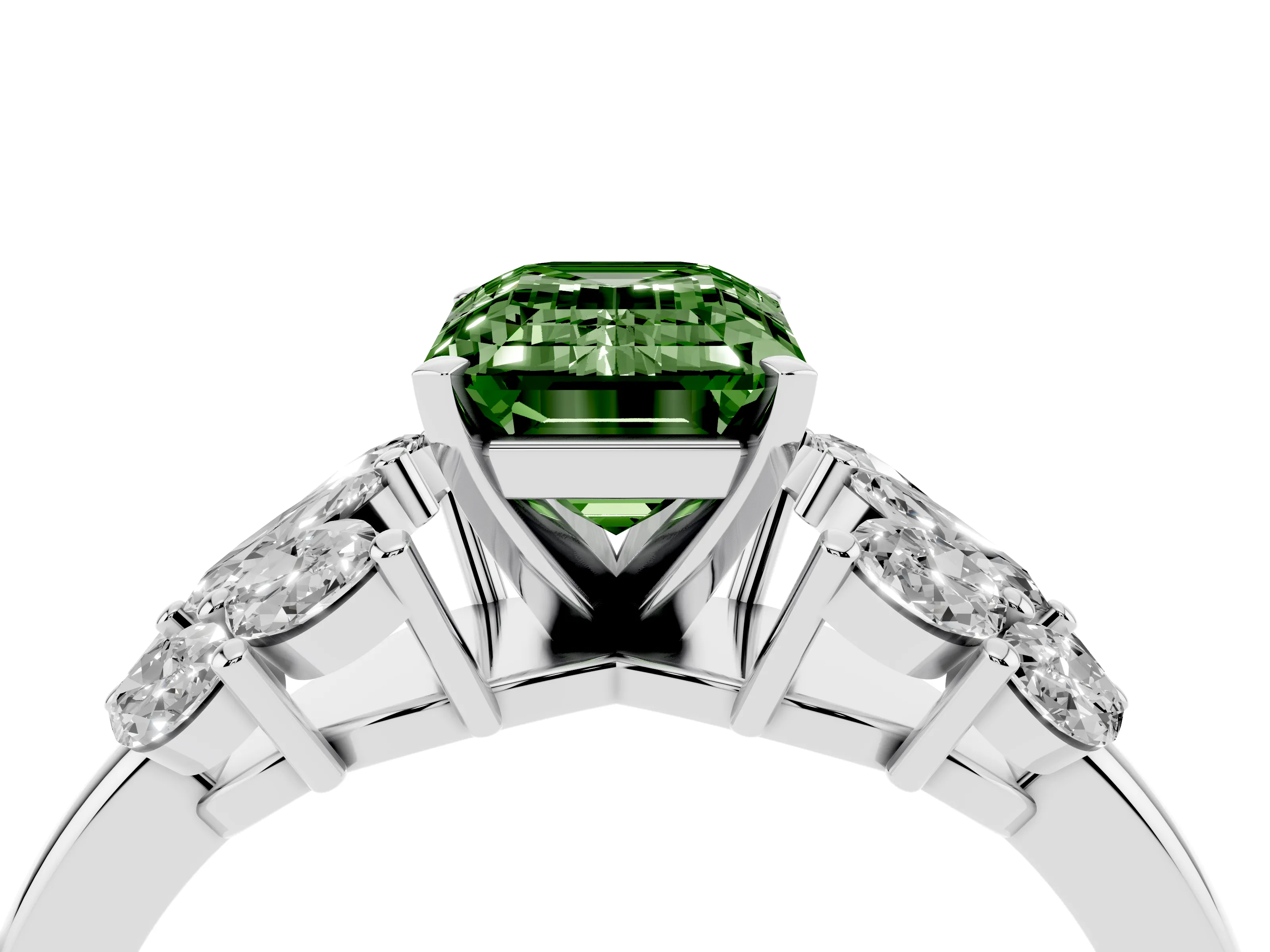 Fancy Green Emerald Cut Diamond Cluster Leaf Design Ring Set in Platinum with Prong Setting