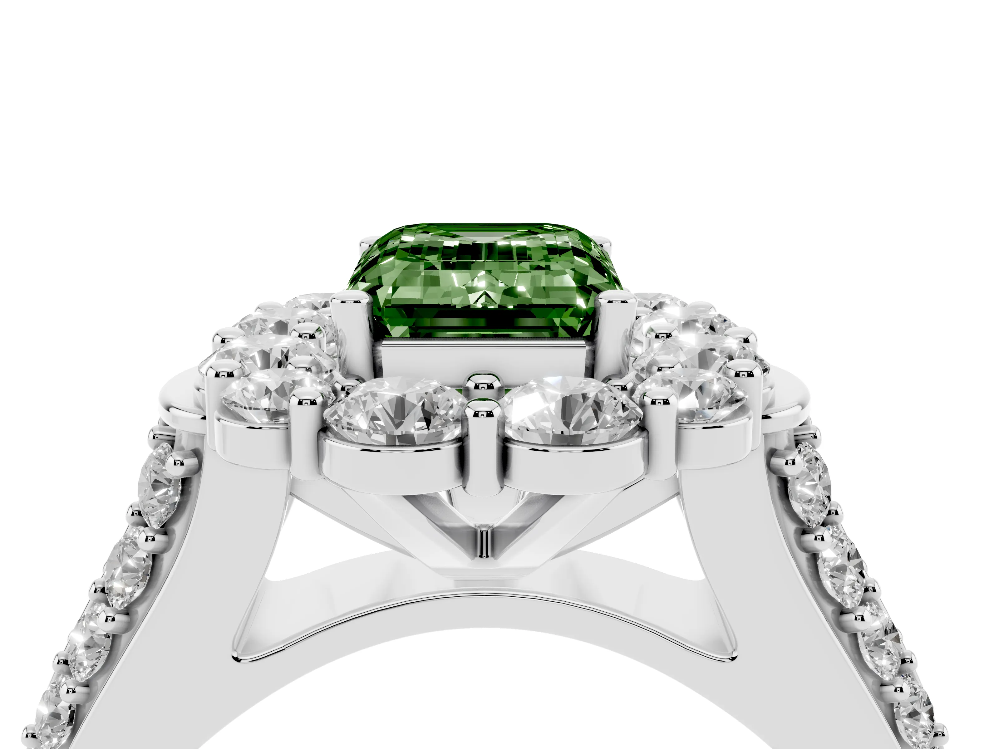 Fancy Green Emerald Cut Diamond Halo Engagement Ring Set in Silver with Split Shank and Prong Setting