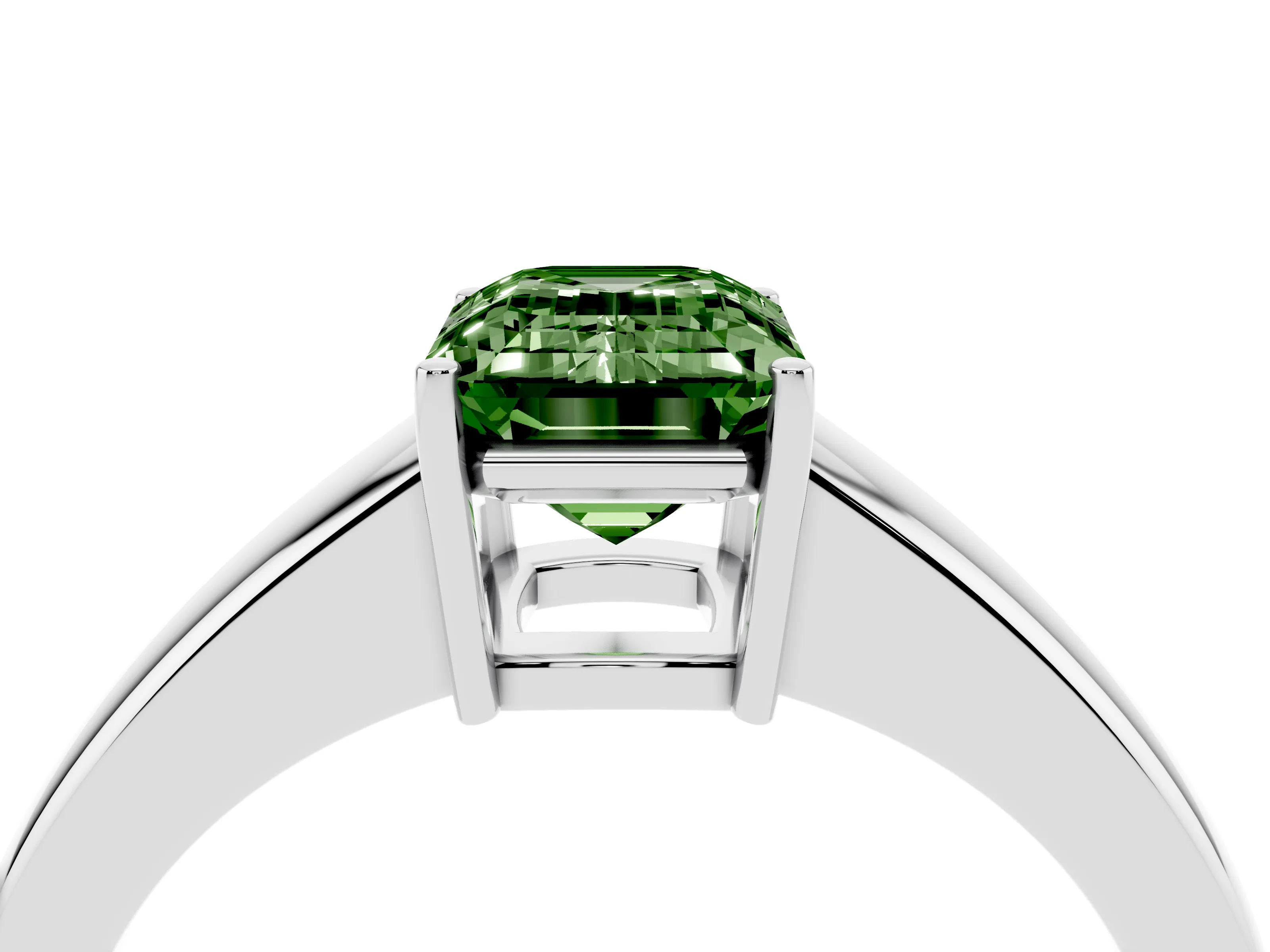 Fancy Green Emerald Cut Diamond Solitaire Ring Set in White gold with Tapered Band and Prong Setting