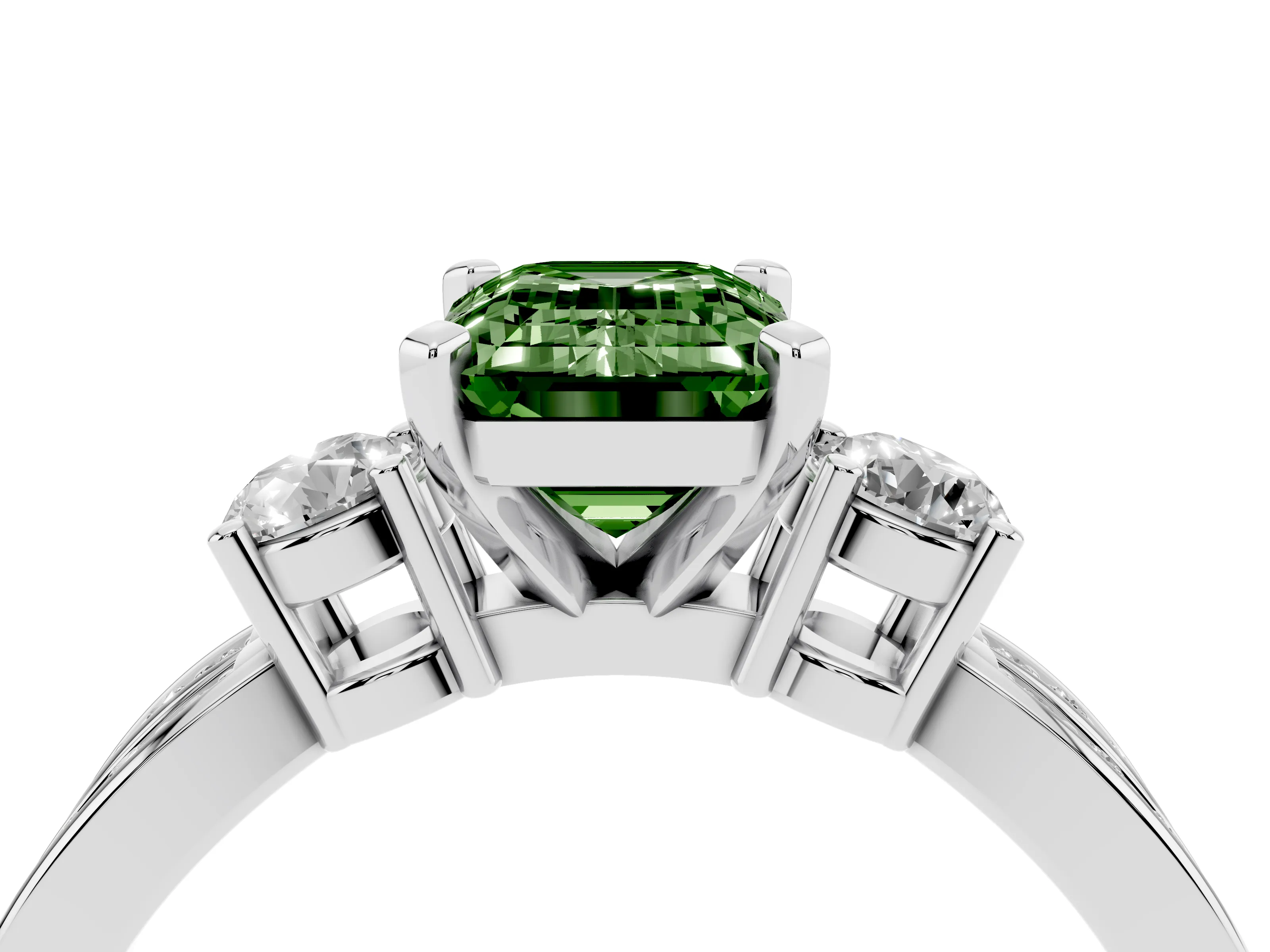 Fancy Green Three-Stone Emerald Cut Diamond Twist Band Ring Set in White gold with Pavé Accents and Prong Setting