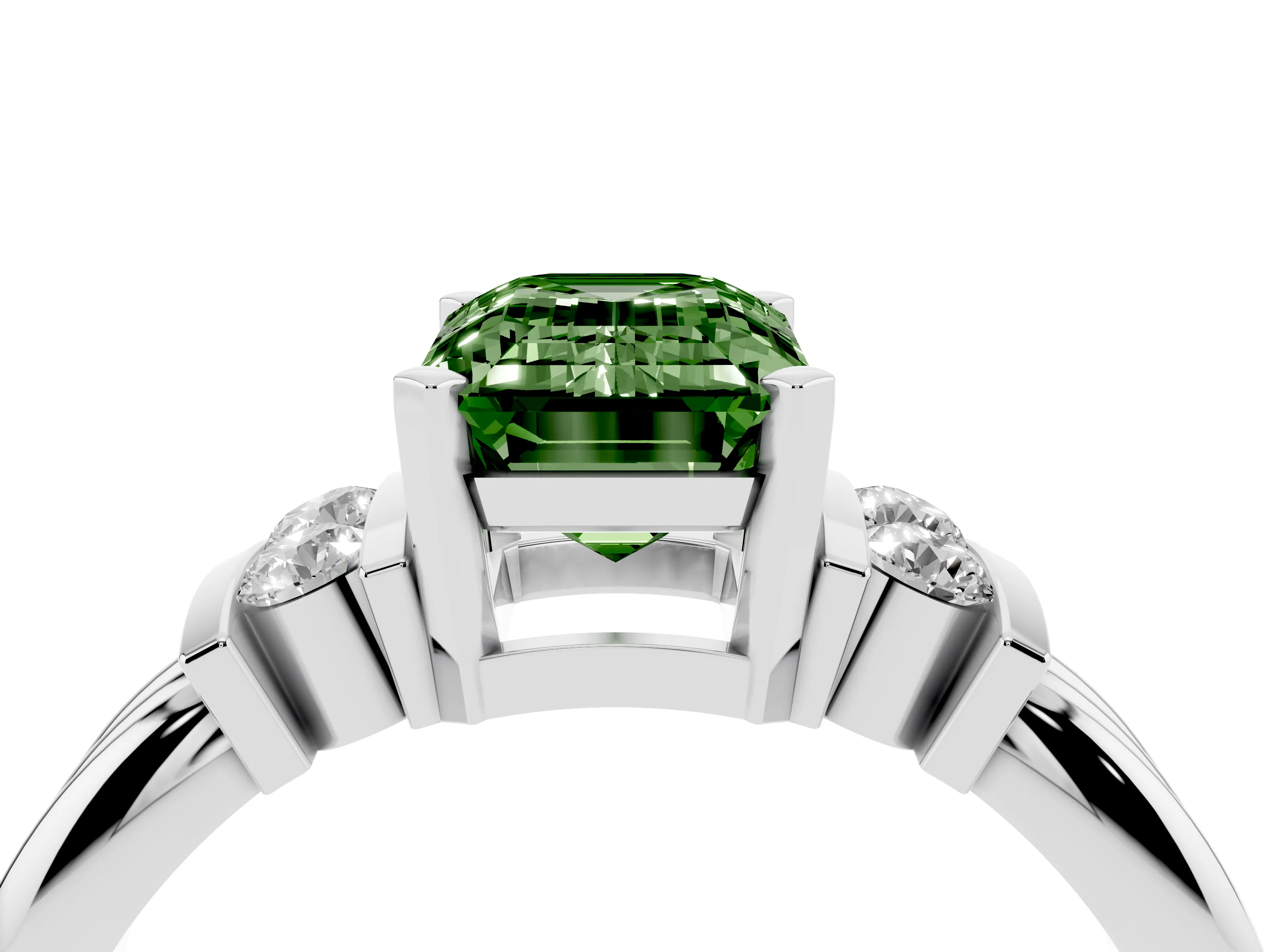 Fancy Green Three-Stone Emerald Cut Diamond Channel Set Ring Set in Silver with Bar Prongs