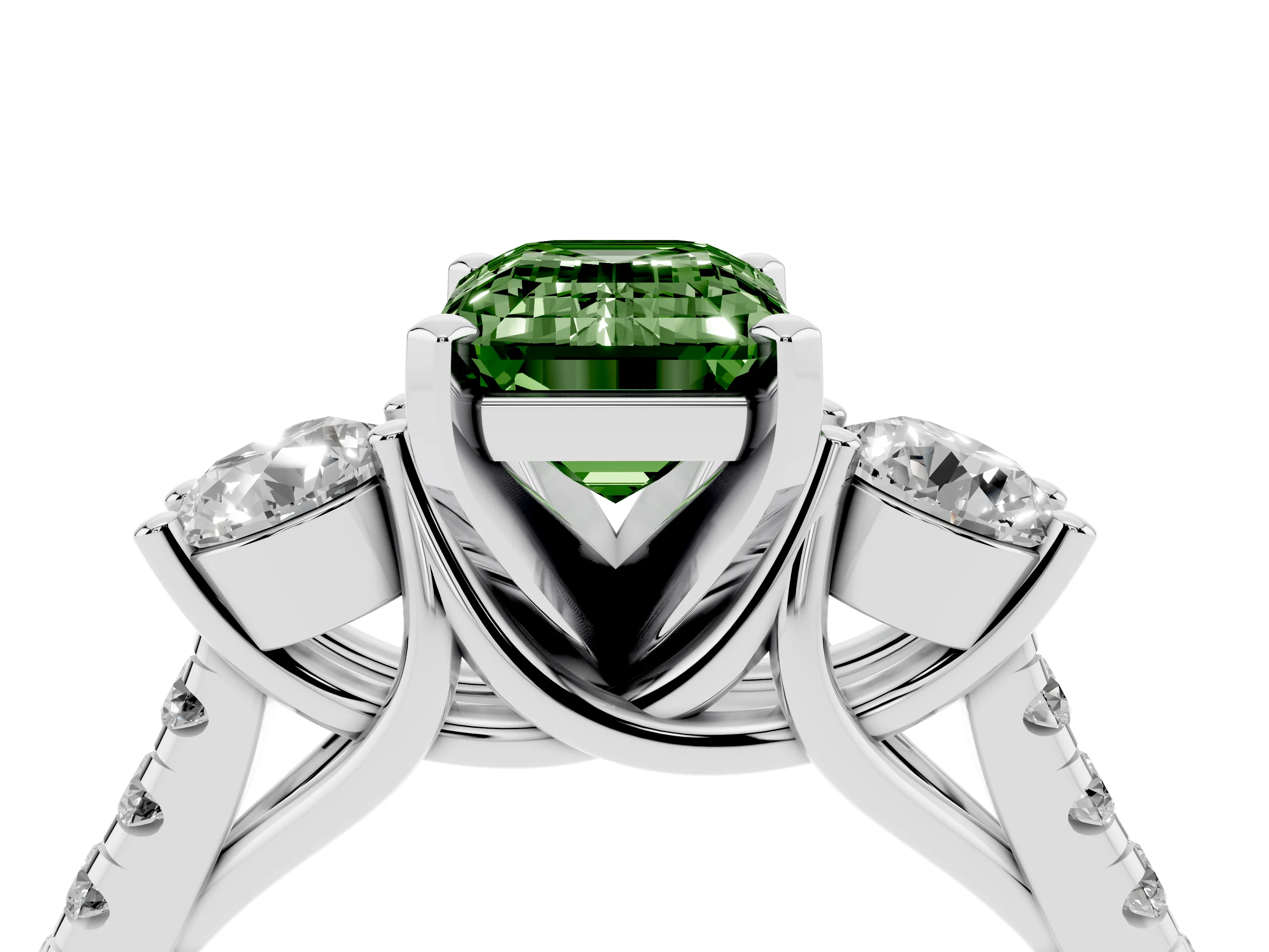 Fancy Green Three-Stone Emerald Cut Diamond Pavé Band Ring Set in Silver with Prong-Set Trio