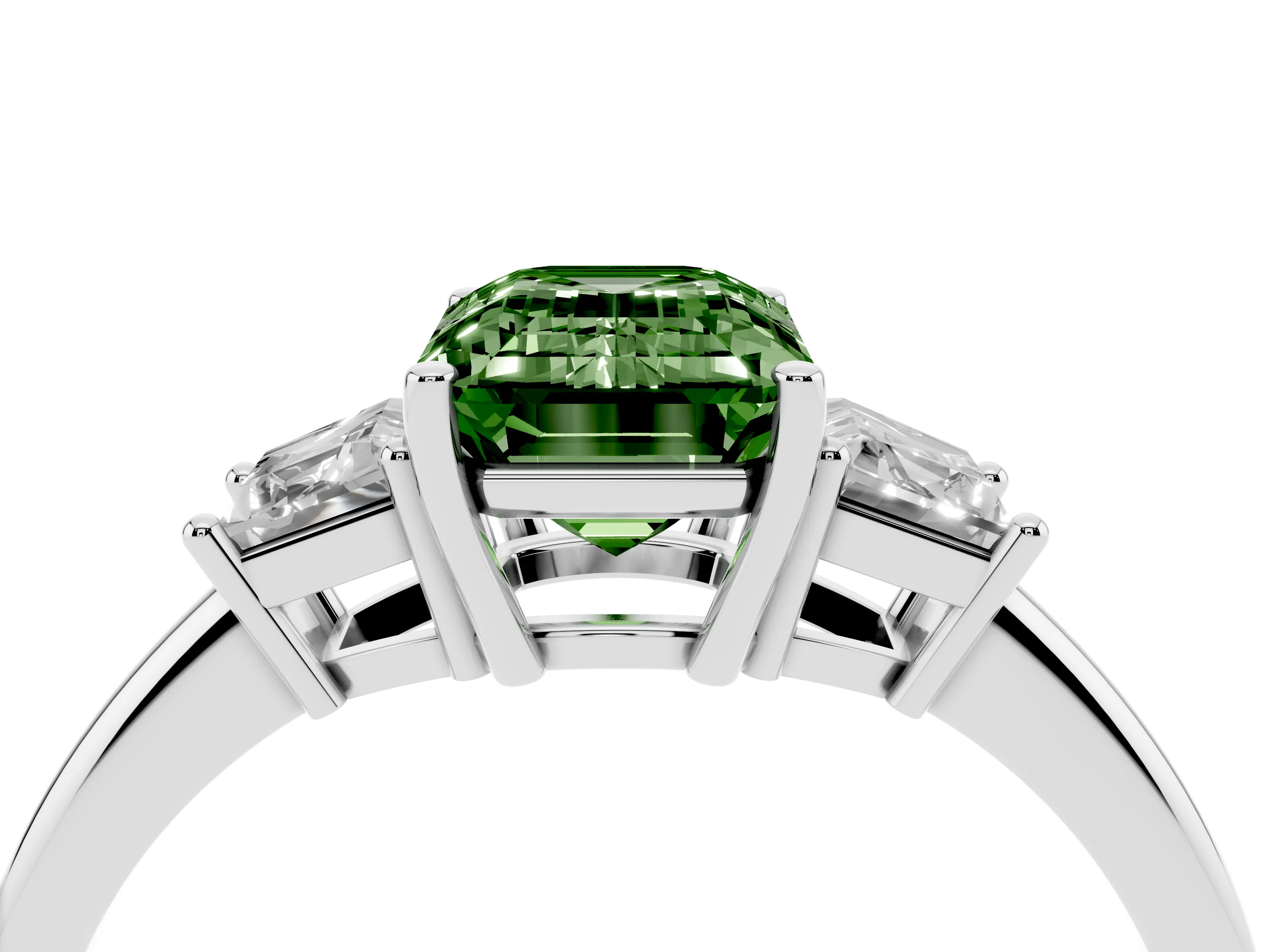 Fancy Green Emerald Cut Diamond Three-Stone Ring Set in Silver with Trapezoid Side Stones and Prong Setting