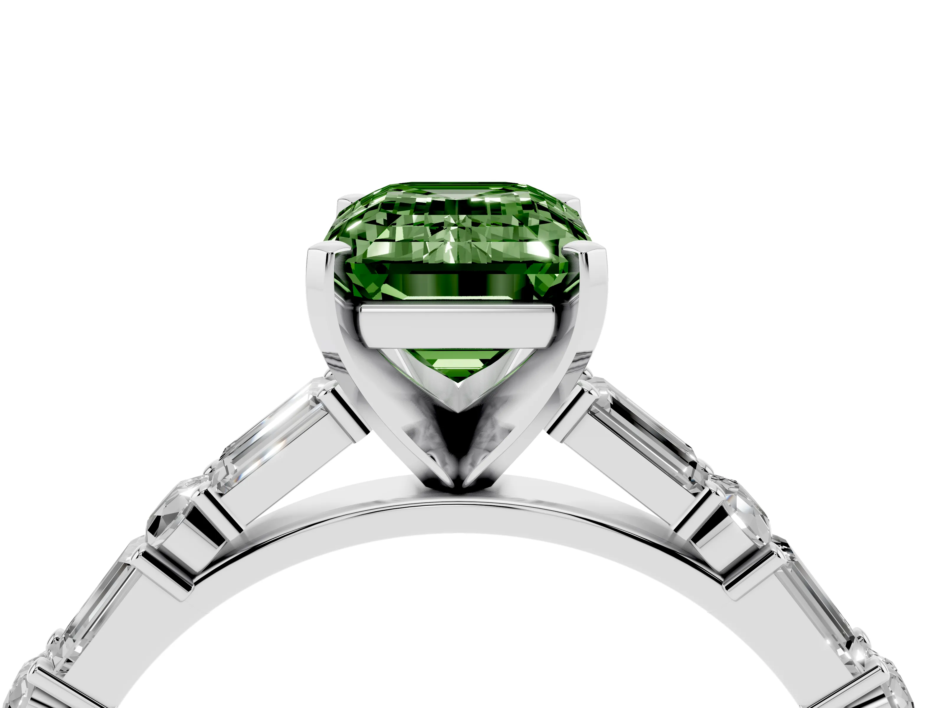 Fancy Green Emerald Cut Diamond Solitaire Set in Platinum with Side Baguettes and Channel Set Band