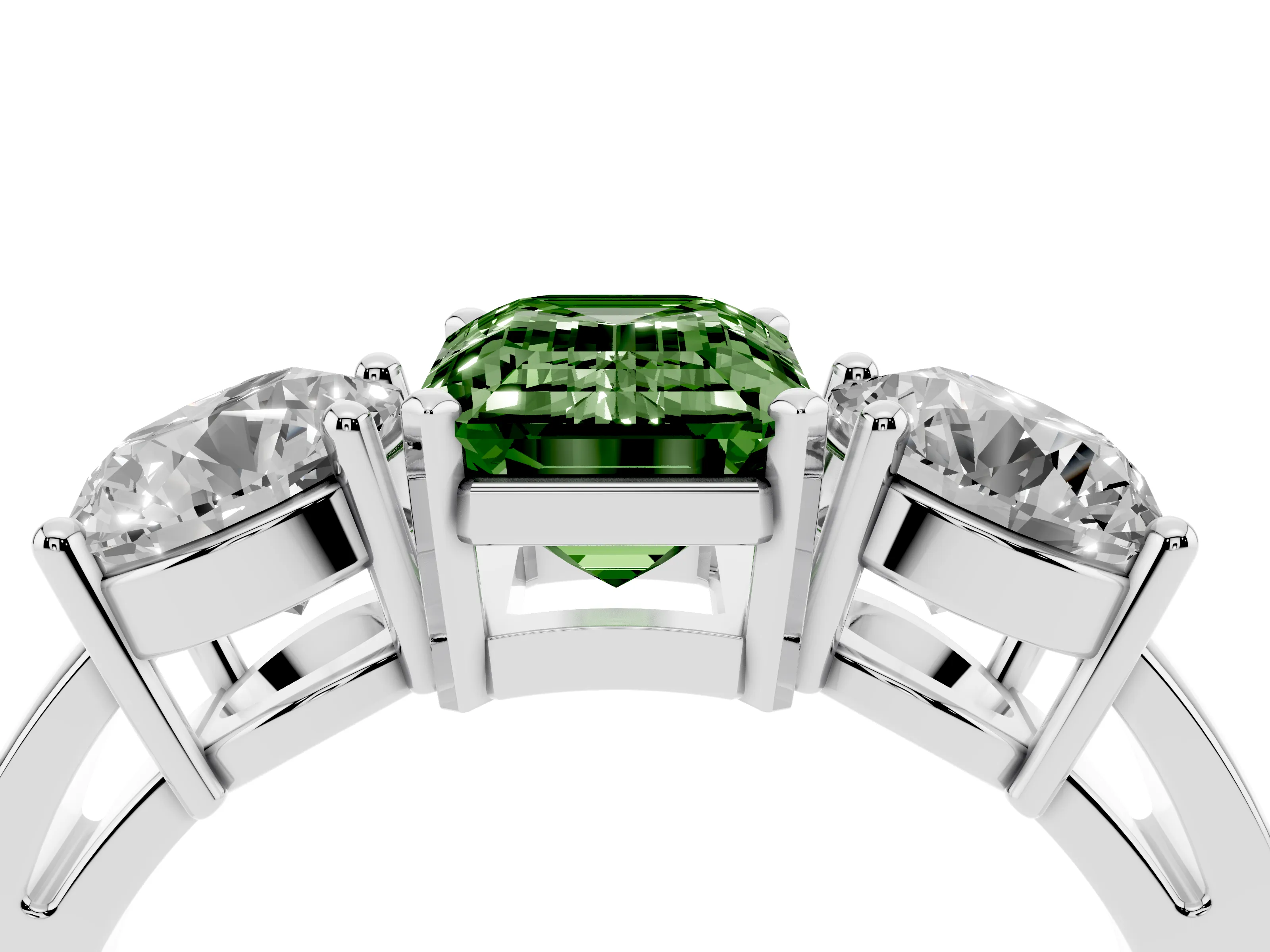 Fancy Green Emerald Cut Diamond Three-Stone Ring Set in Silver with Round Side Stones and Classic Band
